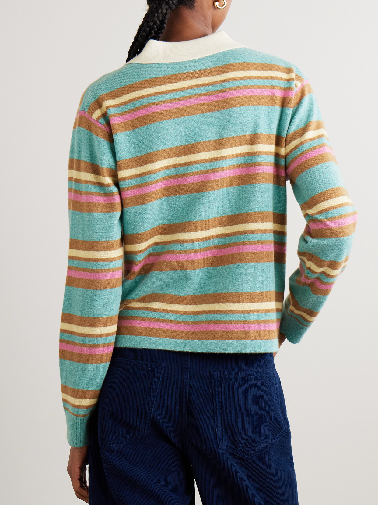 Guest In Residence Cropped Striped Cashmere Polo Shirt In Blue