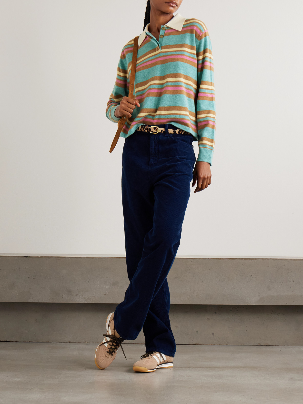 Guest In Residence Cropped Striped Cashmere Polo Shirt In Blue