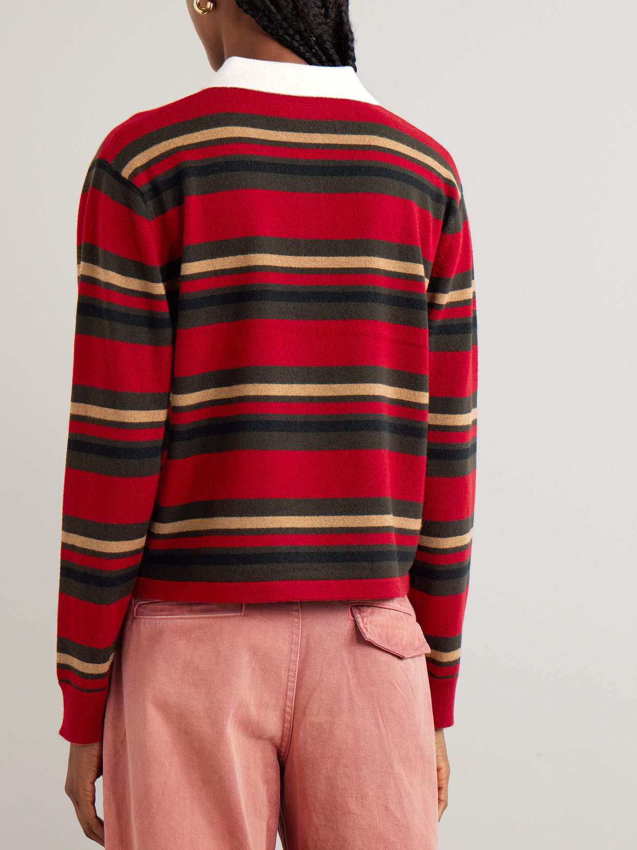 Guest In Residence Cropped Striped Cashmere Polo Shirt In Red