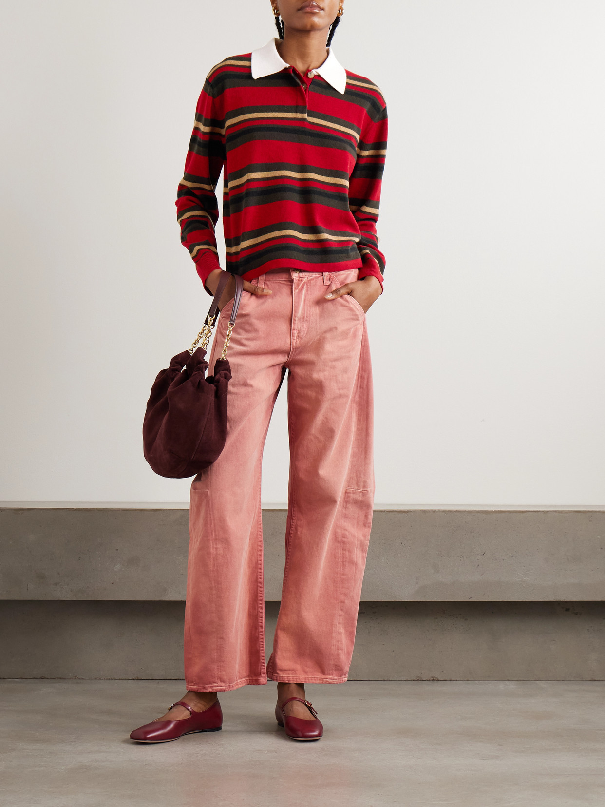 Guest In Residence Cropped Striped Cashmere Polo Shirt In Red