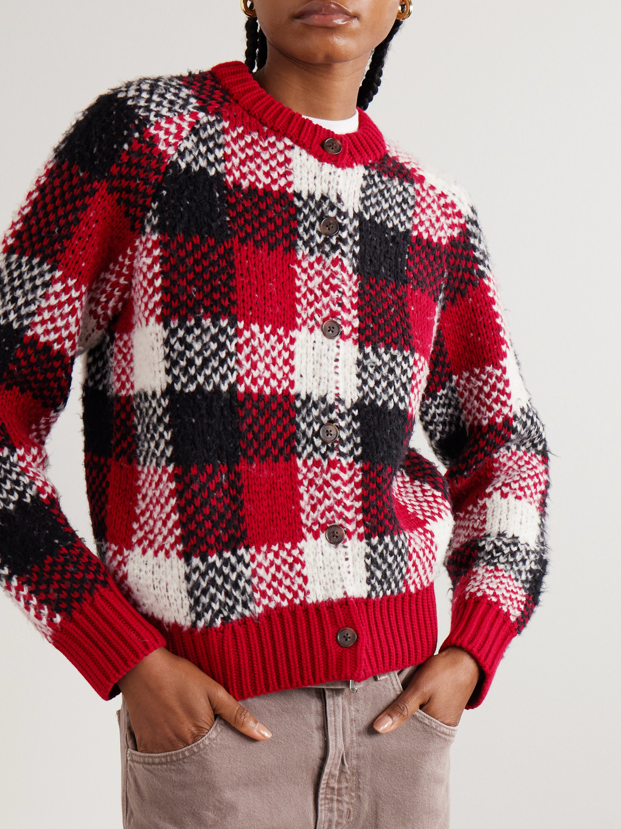 Guest In Residence Checked Wool-blend Cardigan In Red