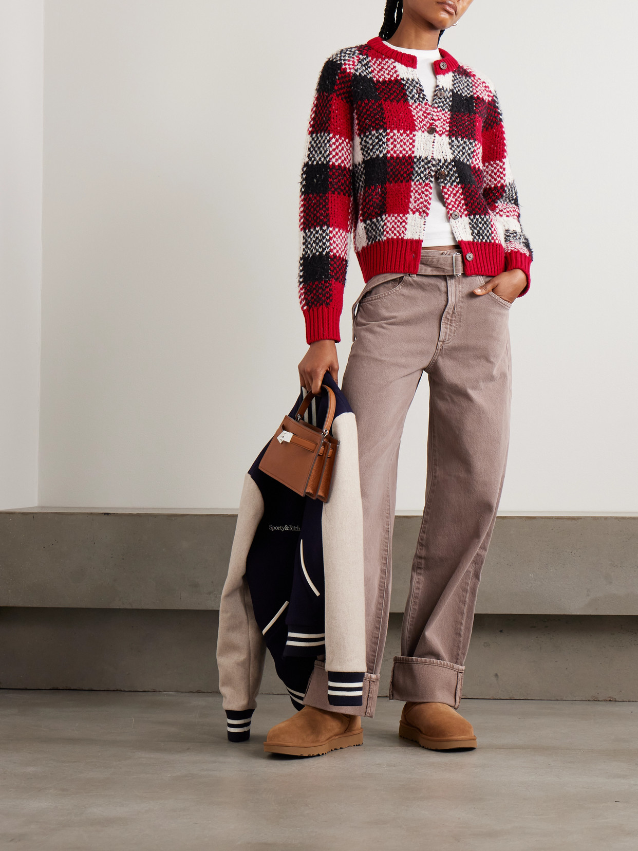 Guest In Residence Checked Wool-blend Cardigan In Red