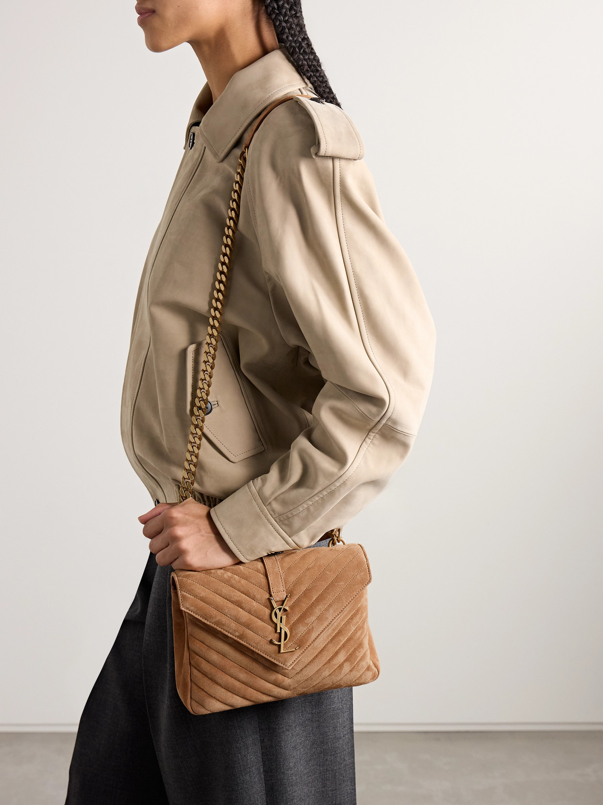 Shop Saint Laurent College Medium Chain Quilted Suede Shoulder Bag