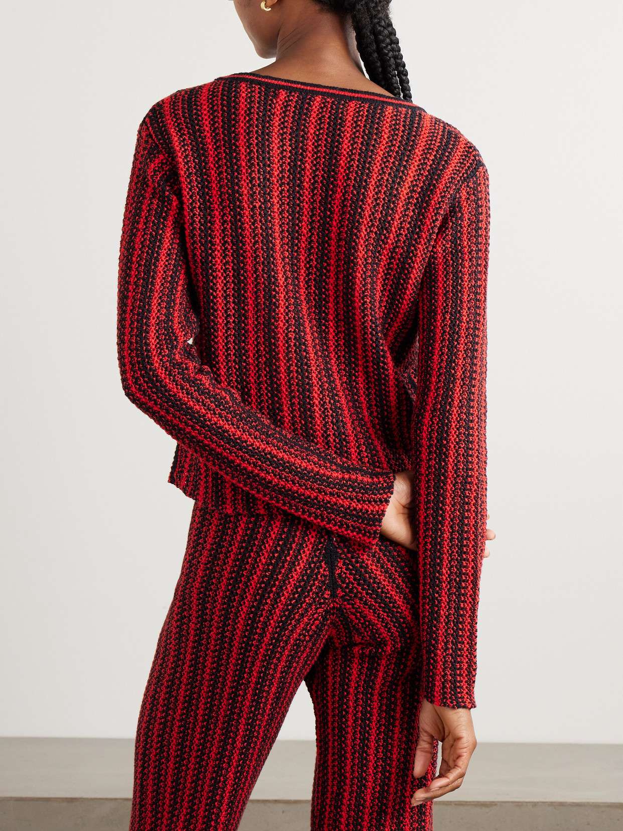 The Elder Statesman Appliquéd Raffia-trimmed Striped Open-knit Cotton Cardigan In Red