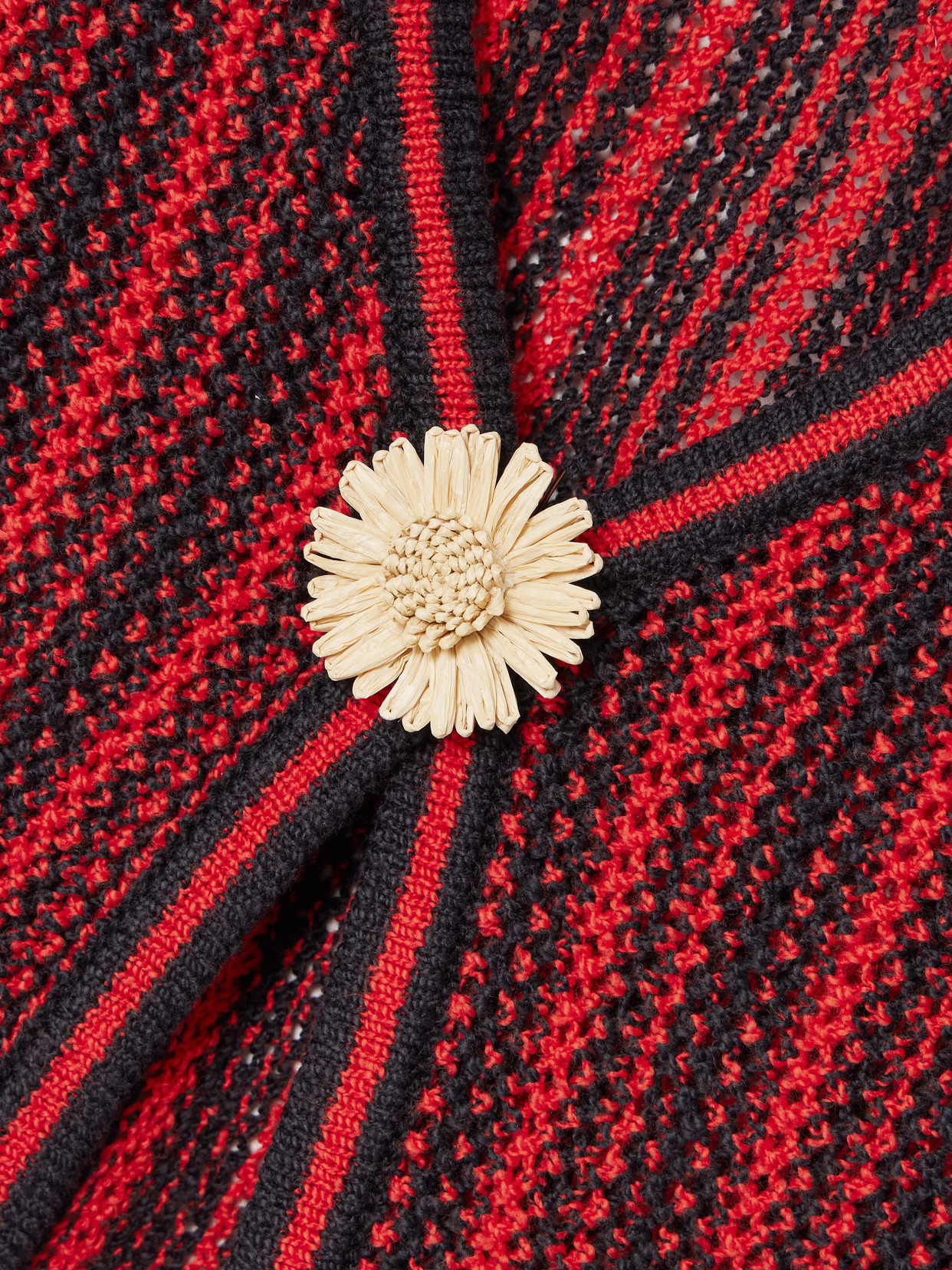 The Elder Statesman Appliquéd Raffia-trimmed Striped Open-knit Cotton Cardigan In Red