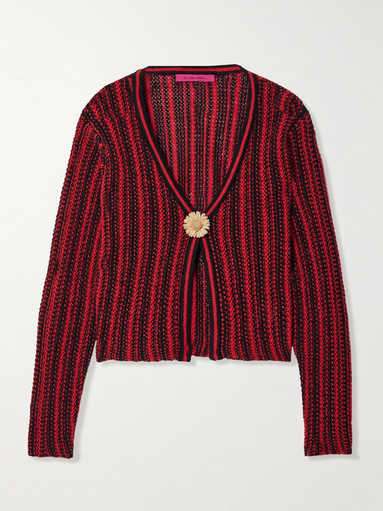 The Elder Statesman Appliquéd Raffia-trimmed Striped Open-knit Cotton Cardigan In Red