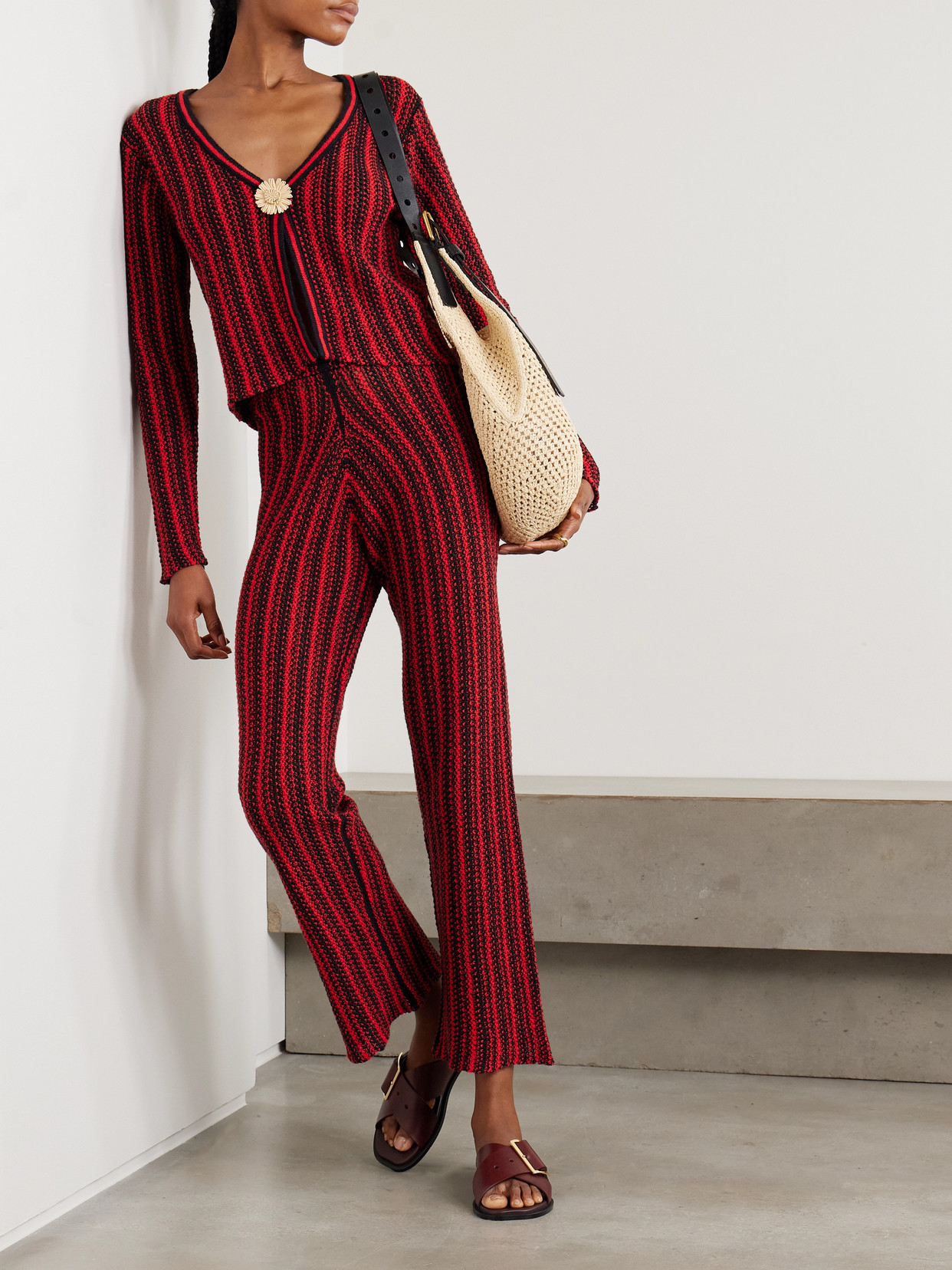 The Elder Statesman Appliquéd Raffia-trimmed Striped Open-knit Cotton Cardigan In Red
