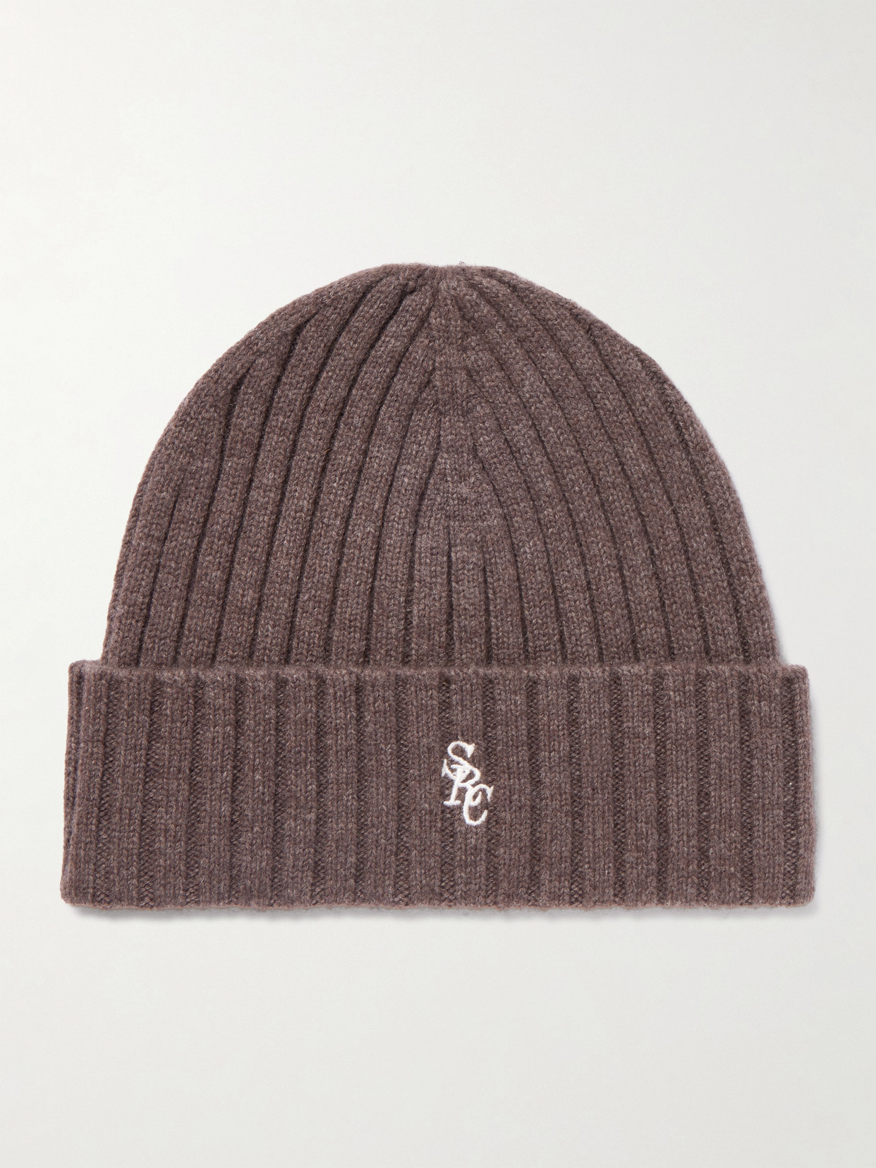 Sporty And Rich Embroidered Ribbed Cashmere And Wool-blend Beanie In Brown
