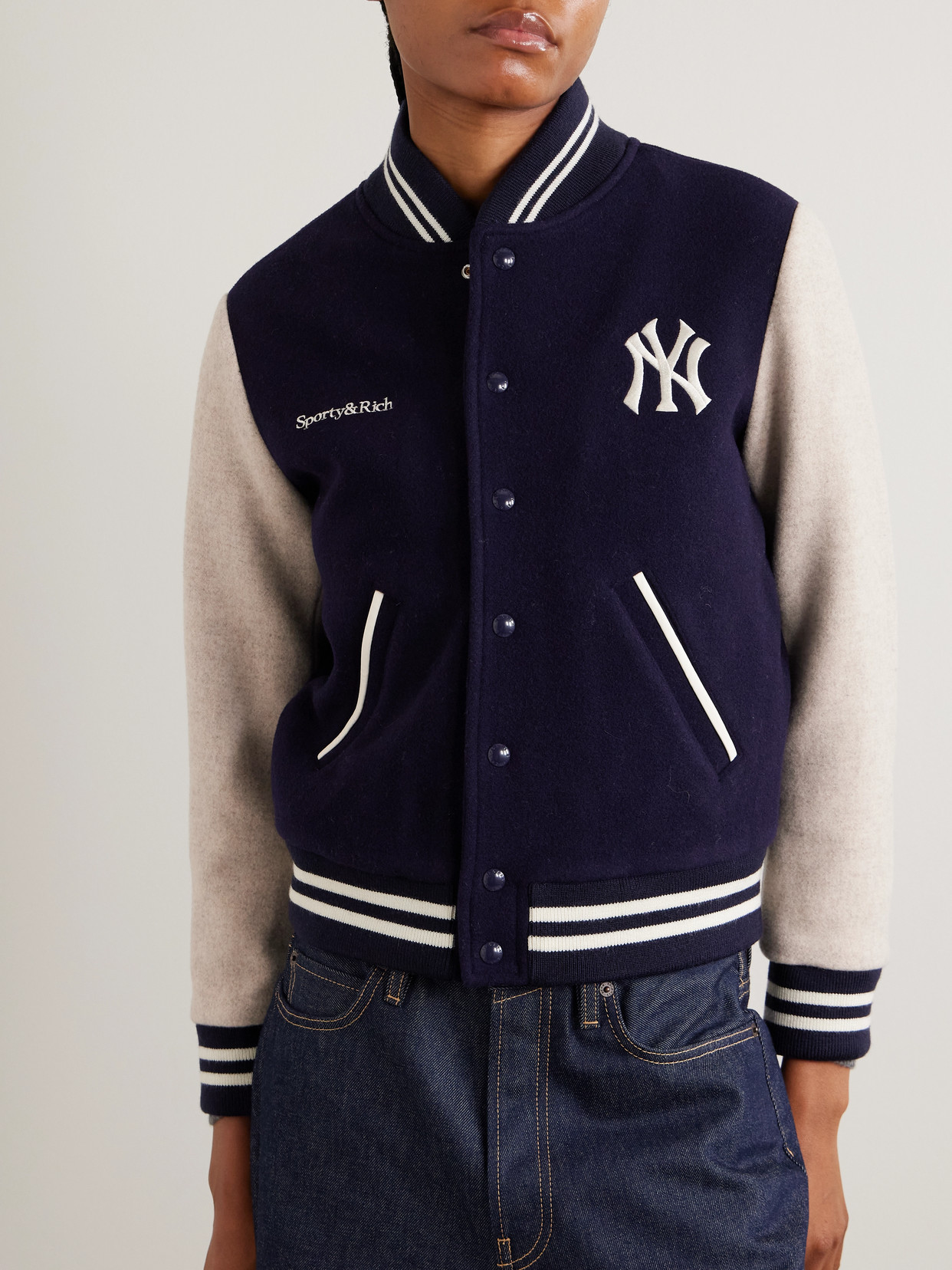 + '47 And New York Yankees Leather-Trimmed Embroidered Wool-Felt Bomber Jacket