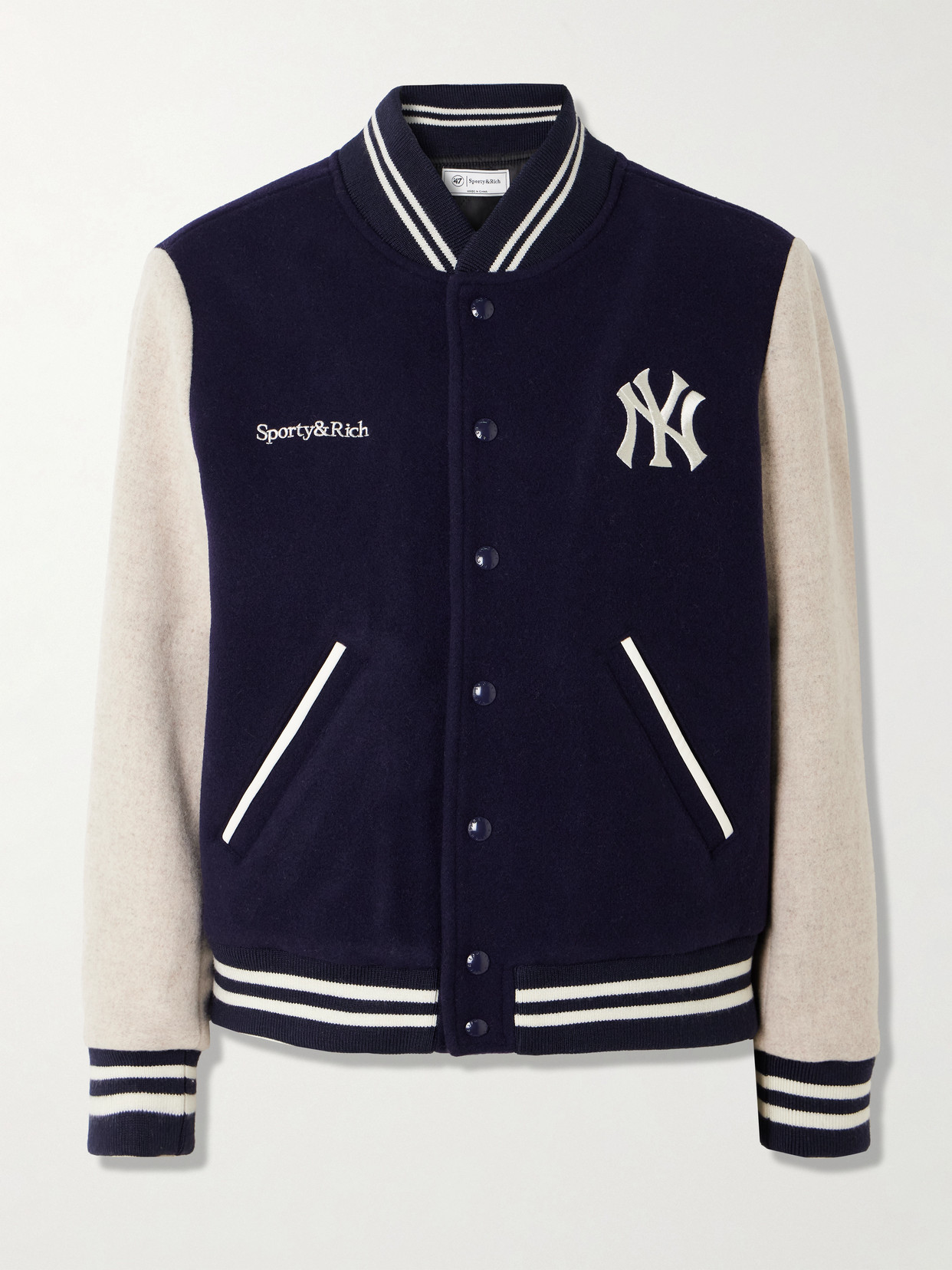 Sporty & Rich – + ’47 And New York Yankees Leather-trimmed Embroidered Wool-felt Bomber Jacket – Navy Sporty & Rich – + ’47 And New York Yankees Leather-trimmed Embroidered Wool-felt Bomber Jacket – Navy