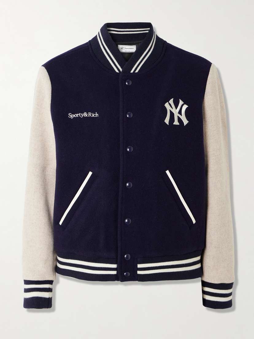 Sporty & Rich + '47 And New York Yankees Leather-trimmed Embroidered Wool-felt Bomber Jacket