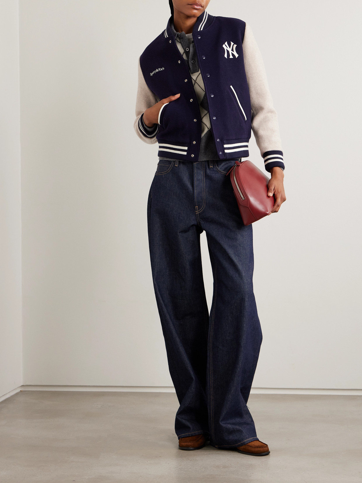 + '47 And New York Yankees Leather-Trimmed Embroidered Wool-Felt Bomber Jacket