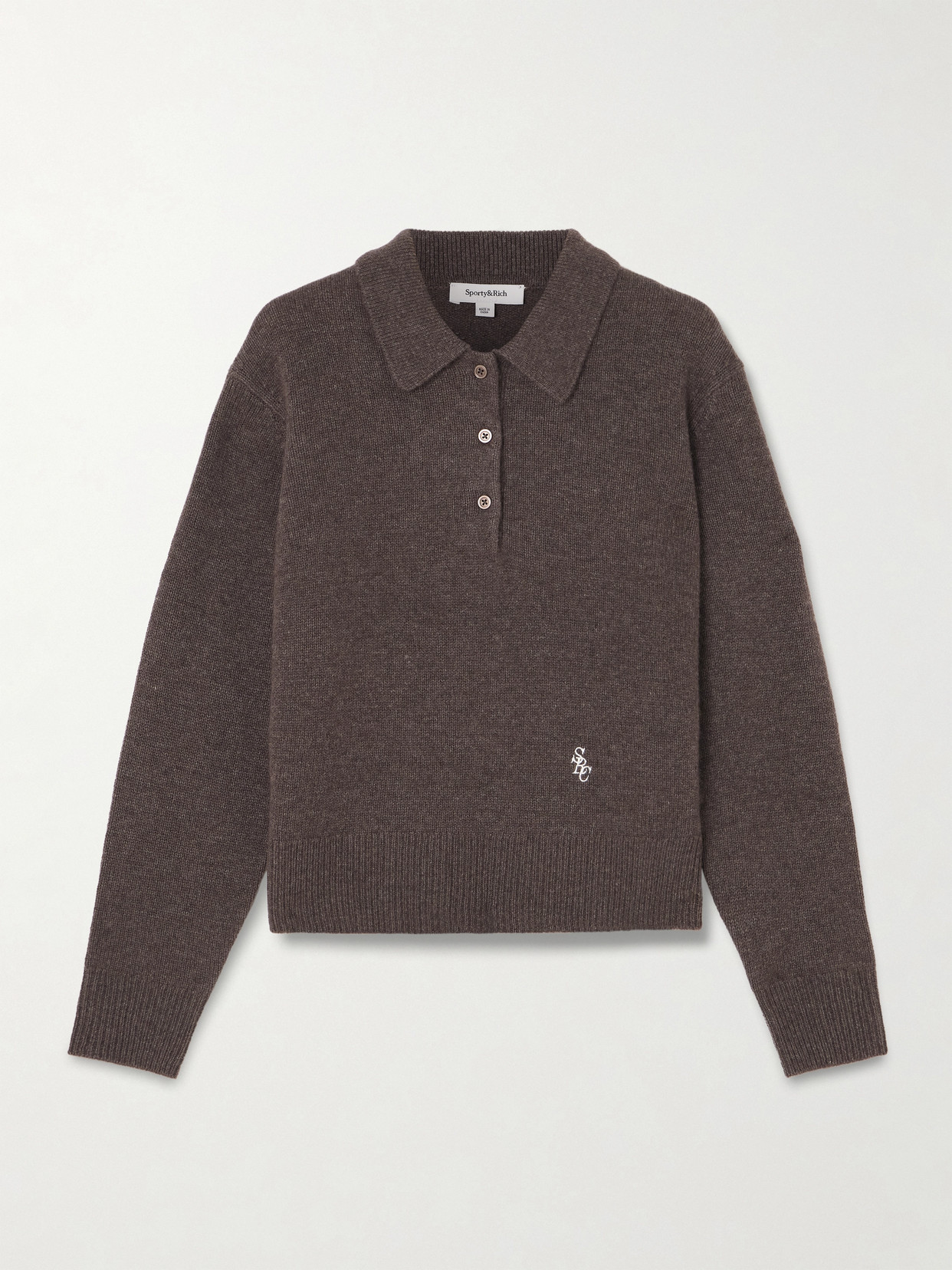 Sporty And Rich Src Embroidered Cashmere And Wool-blend Polo Sweater In Brown
