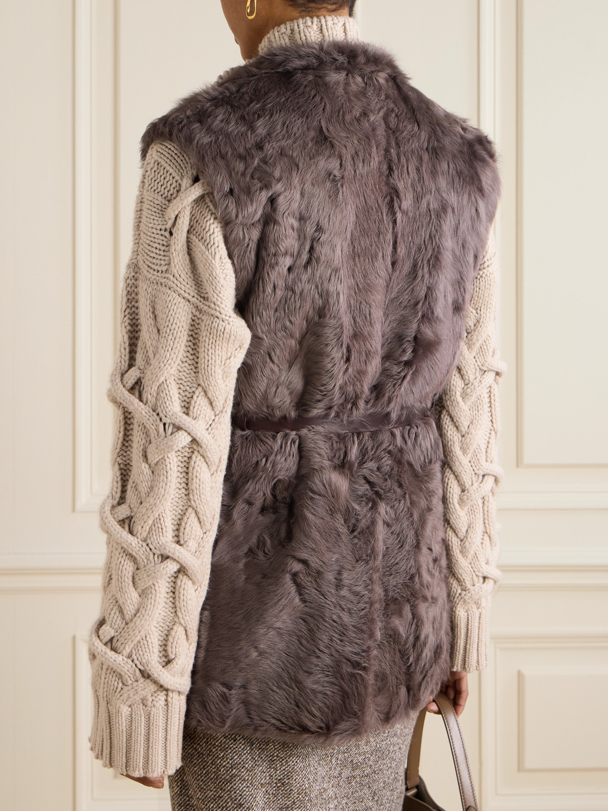 Leather-Trimmed Belted Plush Fabric Gilet