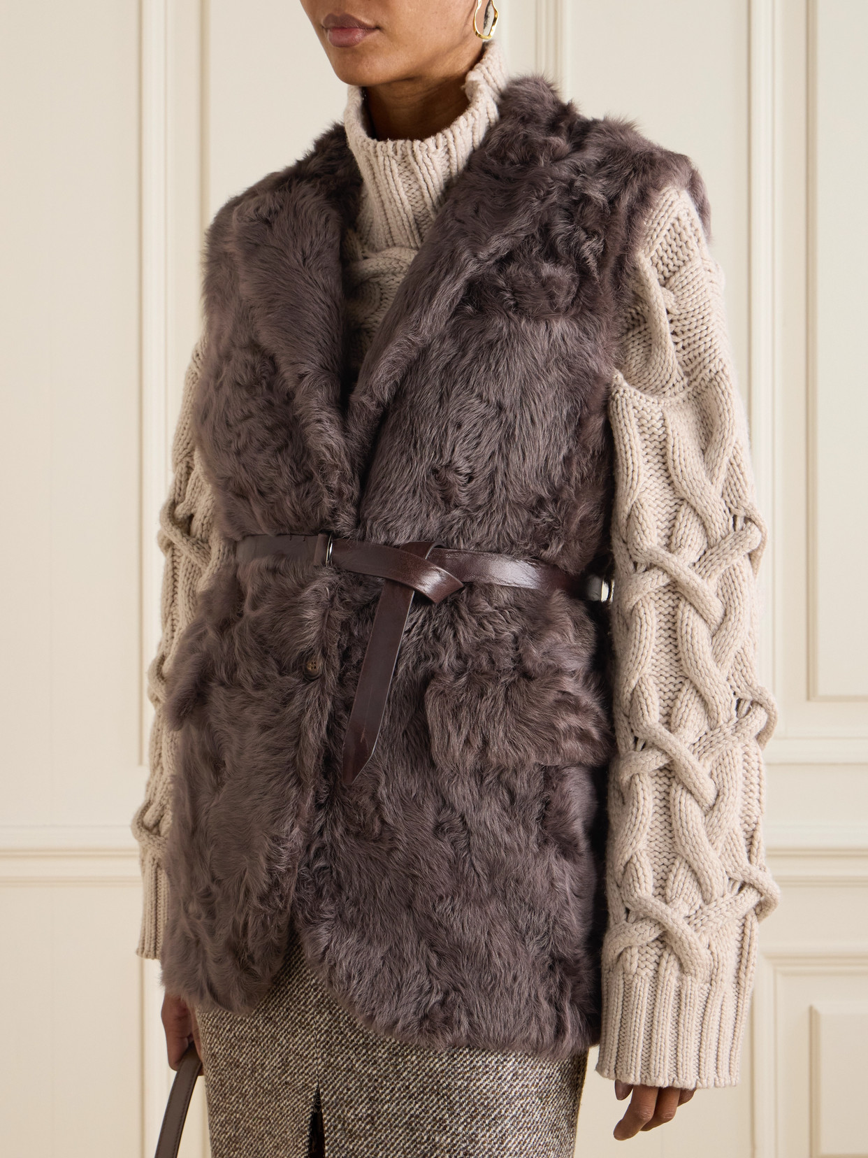 Leather-Trimmed Belted Plush Fabric Gilet