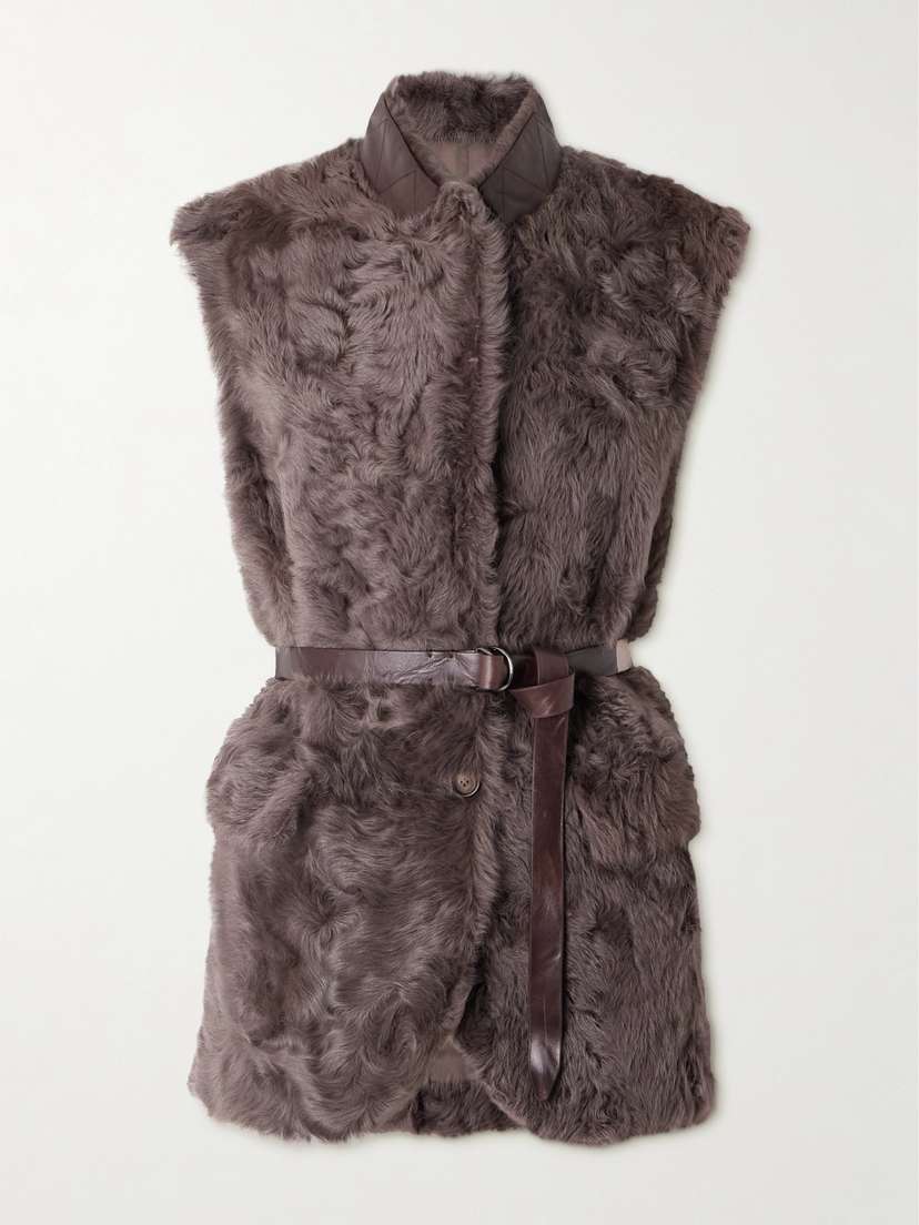 Brunello Cucinelli Leather-trimmed Belted Plush Fabric Gilet