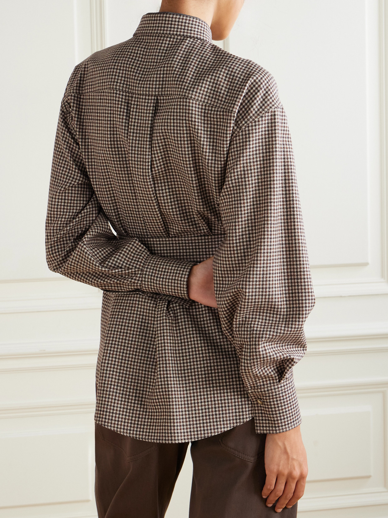Belted Bead-Embellished Checked Shirt