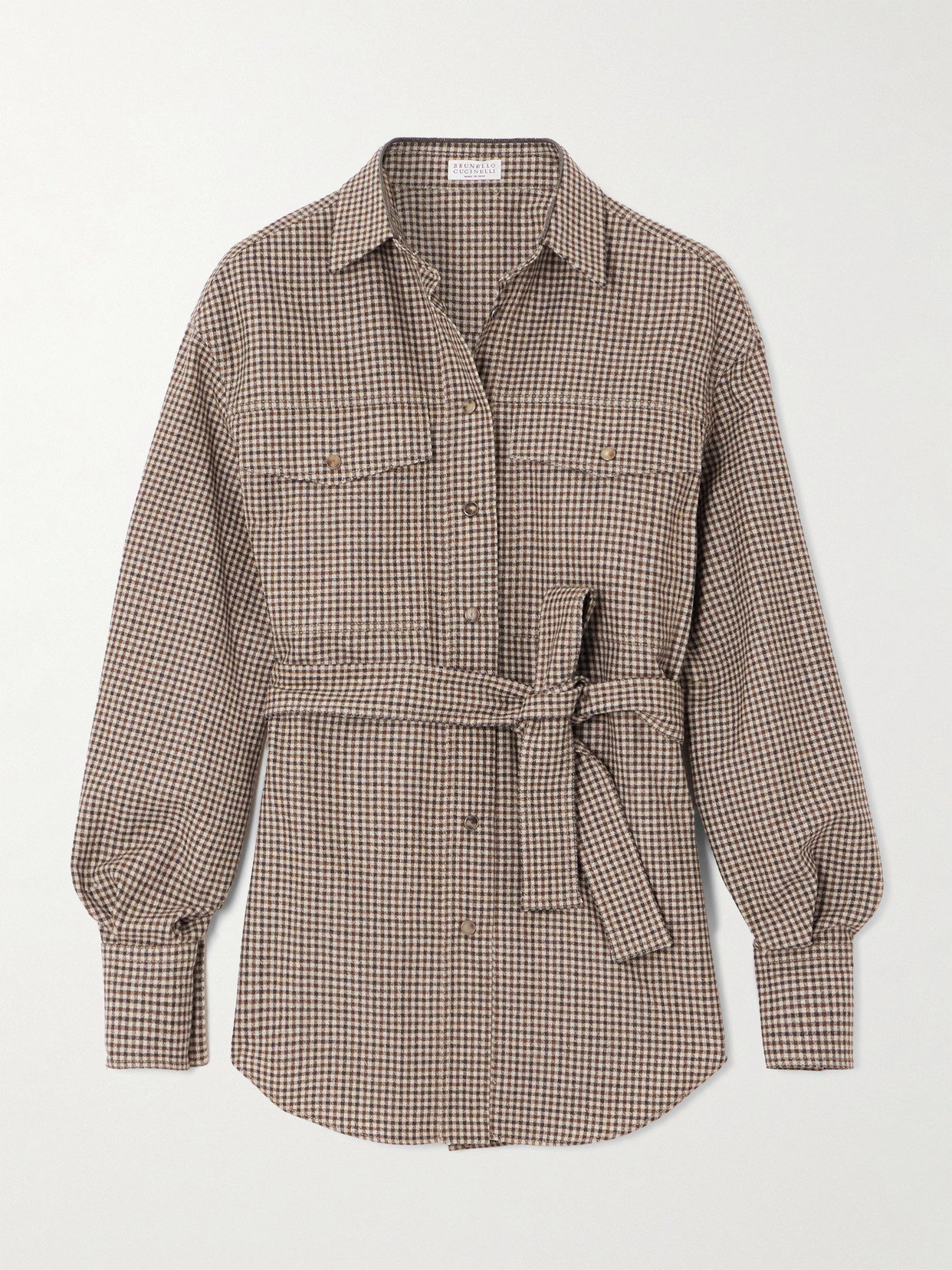 Brunello Cucinelli Belted Bead-embellished Checked Wool Shirt In Neutral