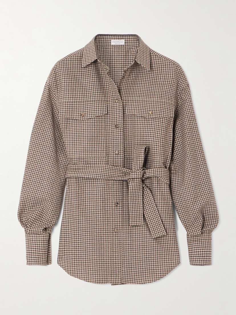 Brunello Cucinelli Belted Bead-embellished Checked Wool Shirt