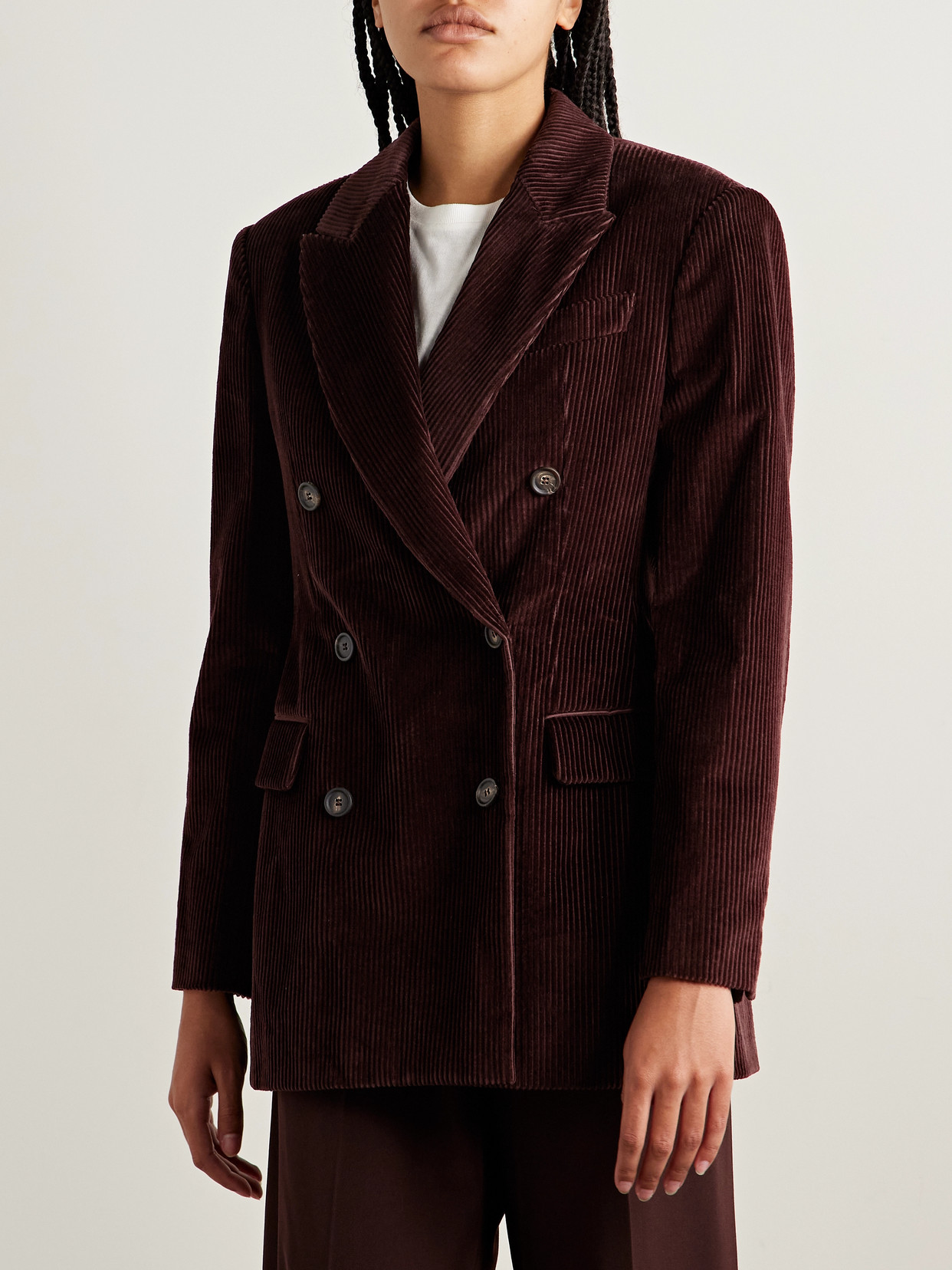 Brunello Cucinelli Oversized Double-breasted Cotton-corduroy Blazer In Burgundy