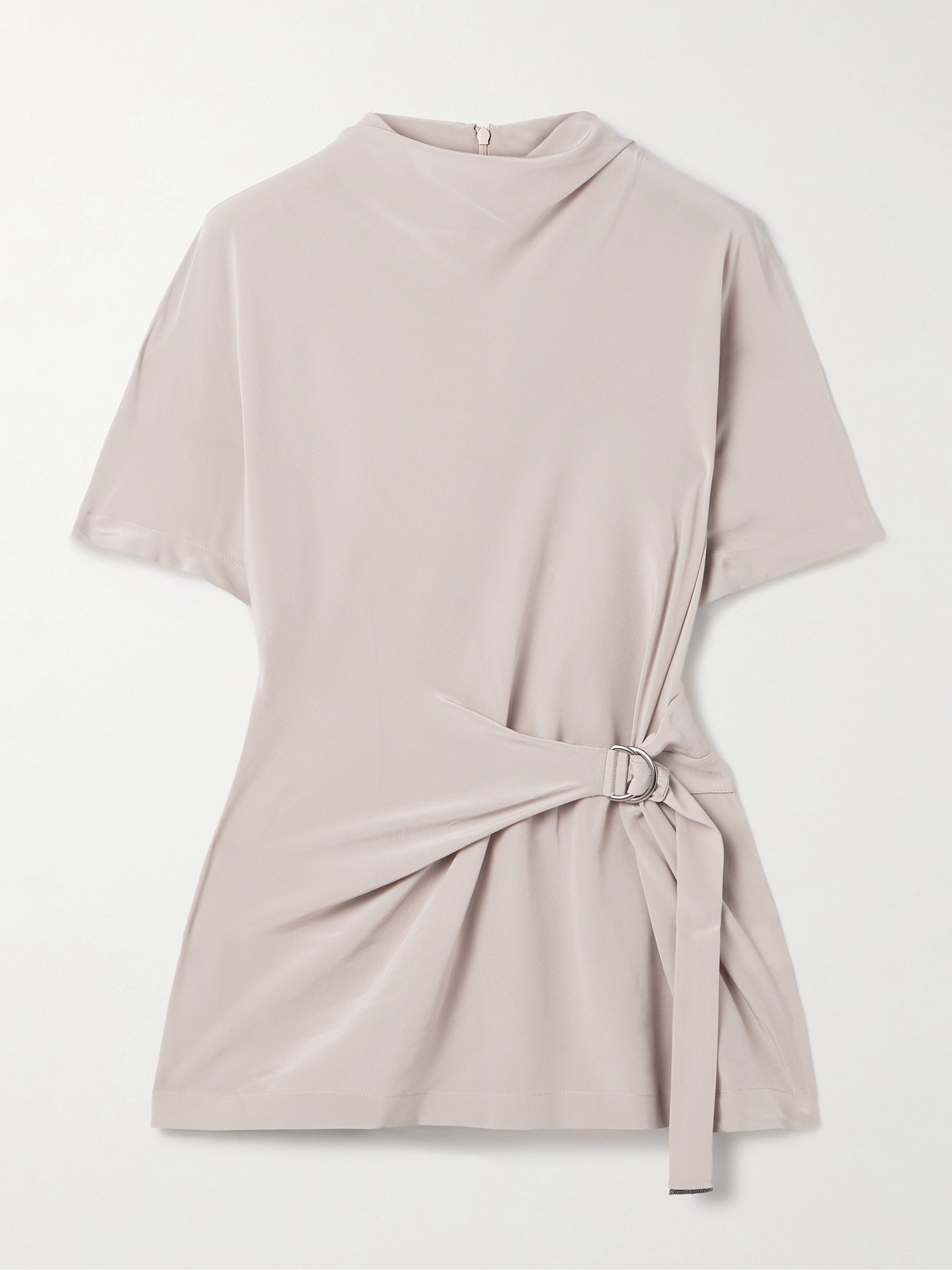 Brunello Cucinelli Buckle-embellished Draped Silk Crepe De Chine Top In Neutral