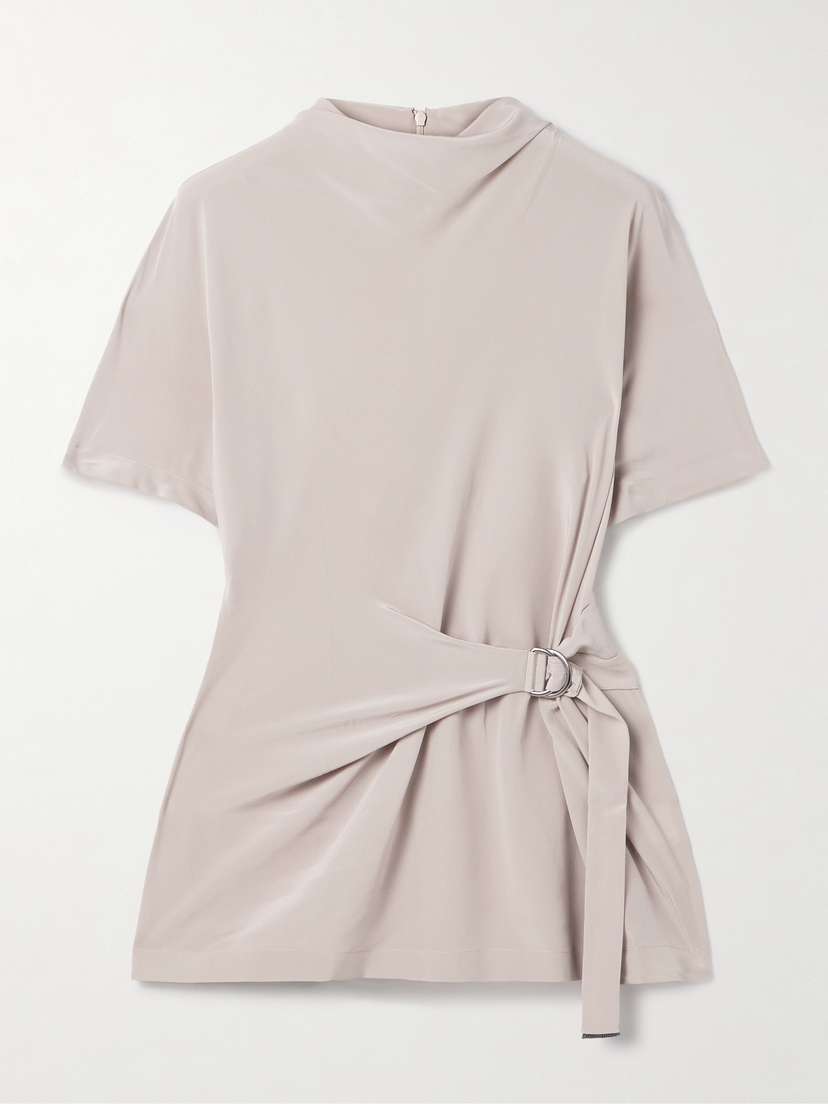Brunello Cucinelli Buckle-embellished Draped Silk Crepe De Chine Top