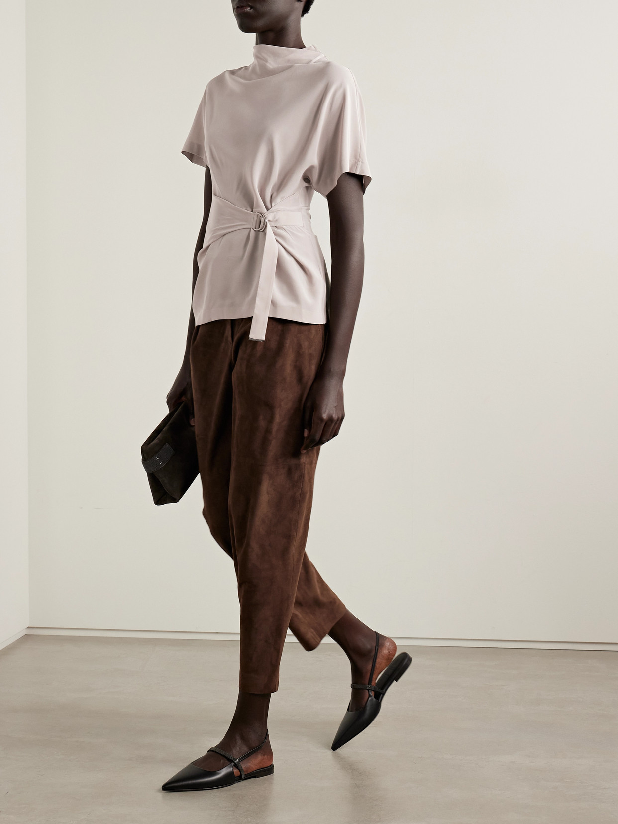 Brunello Cucinelli Buckle-embellished Draped Silk Crepe De Chine Top In Neutral