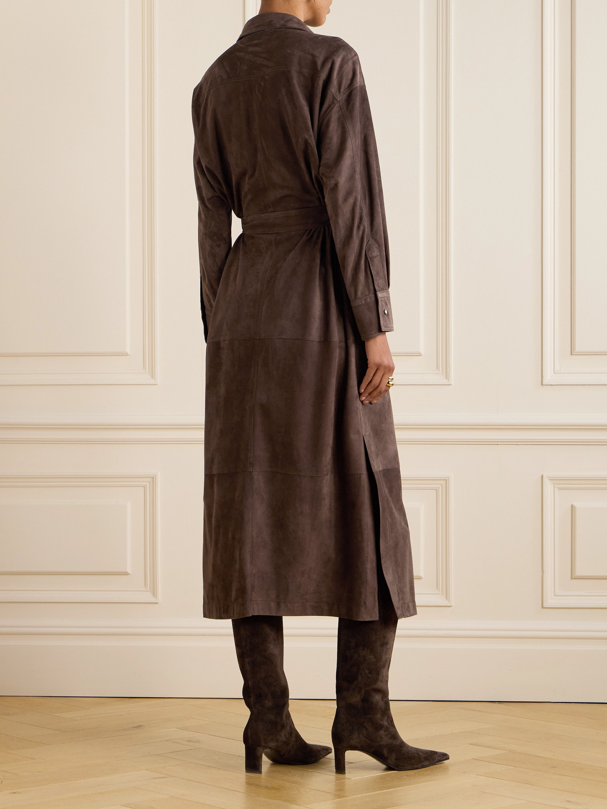 Brunello Cucinelli Women Suede Shirt Dress With Necklace In Brown