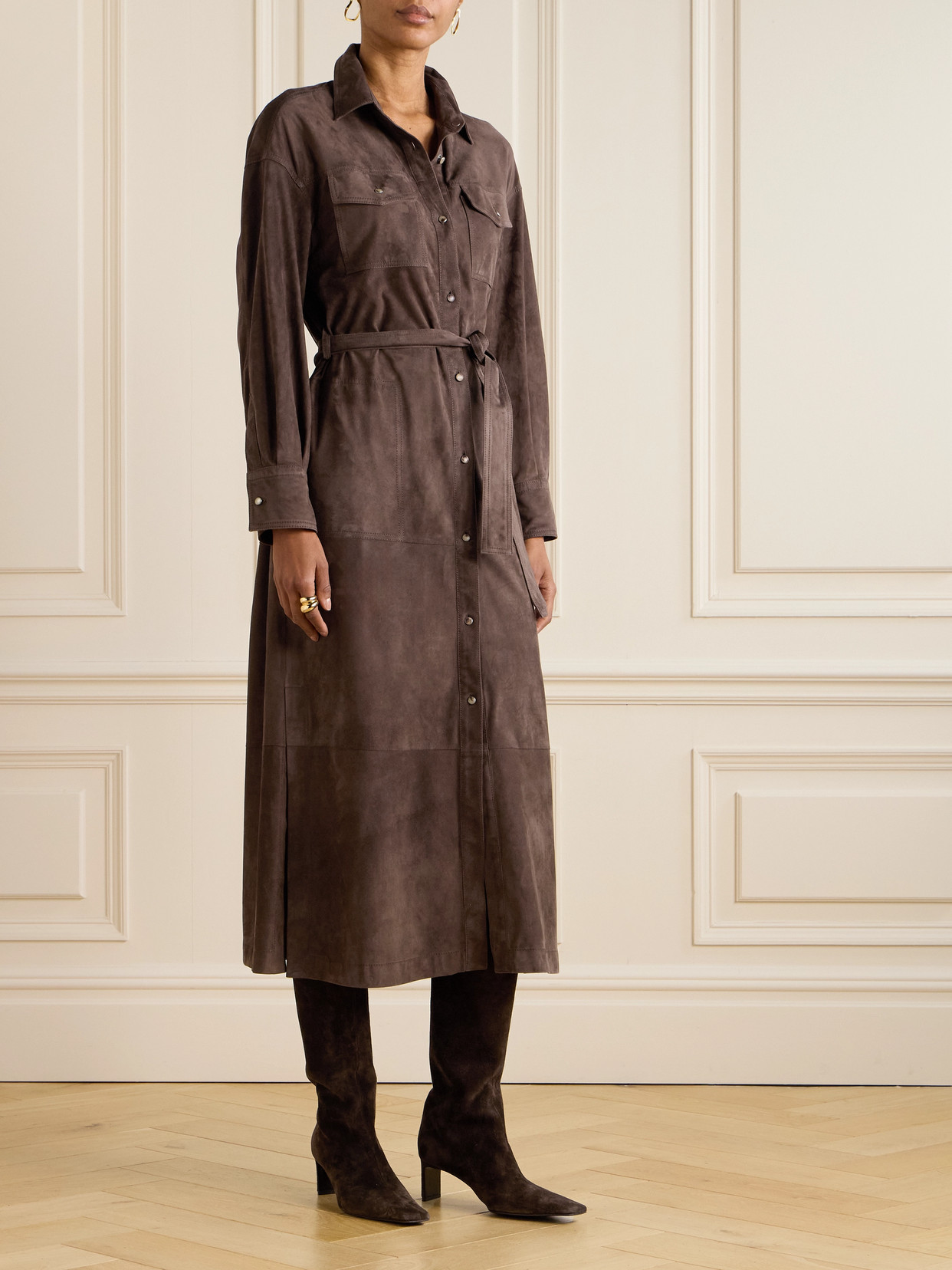 Brunello Cucinelli Women Suede Shirt Dress With Necklace In Brown