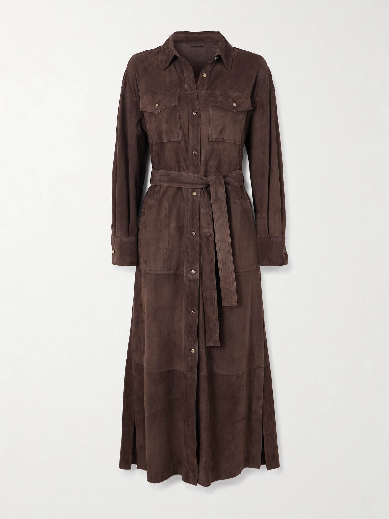 Brunello Cucinelli Belted Suede Coat In Brown