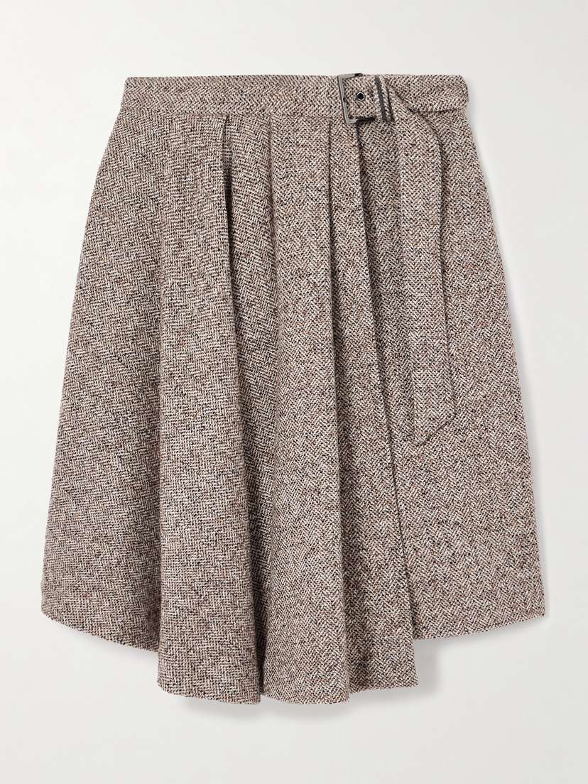 Brunello Cucinelli Belted Asymmetric Pleated Bead-embellished Wool-blend Wrap Skirt