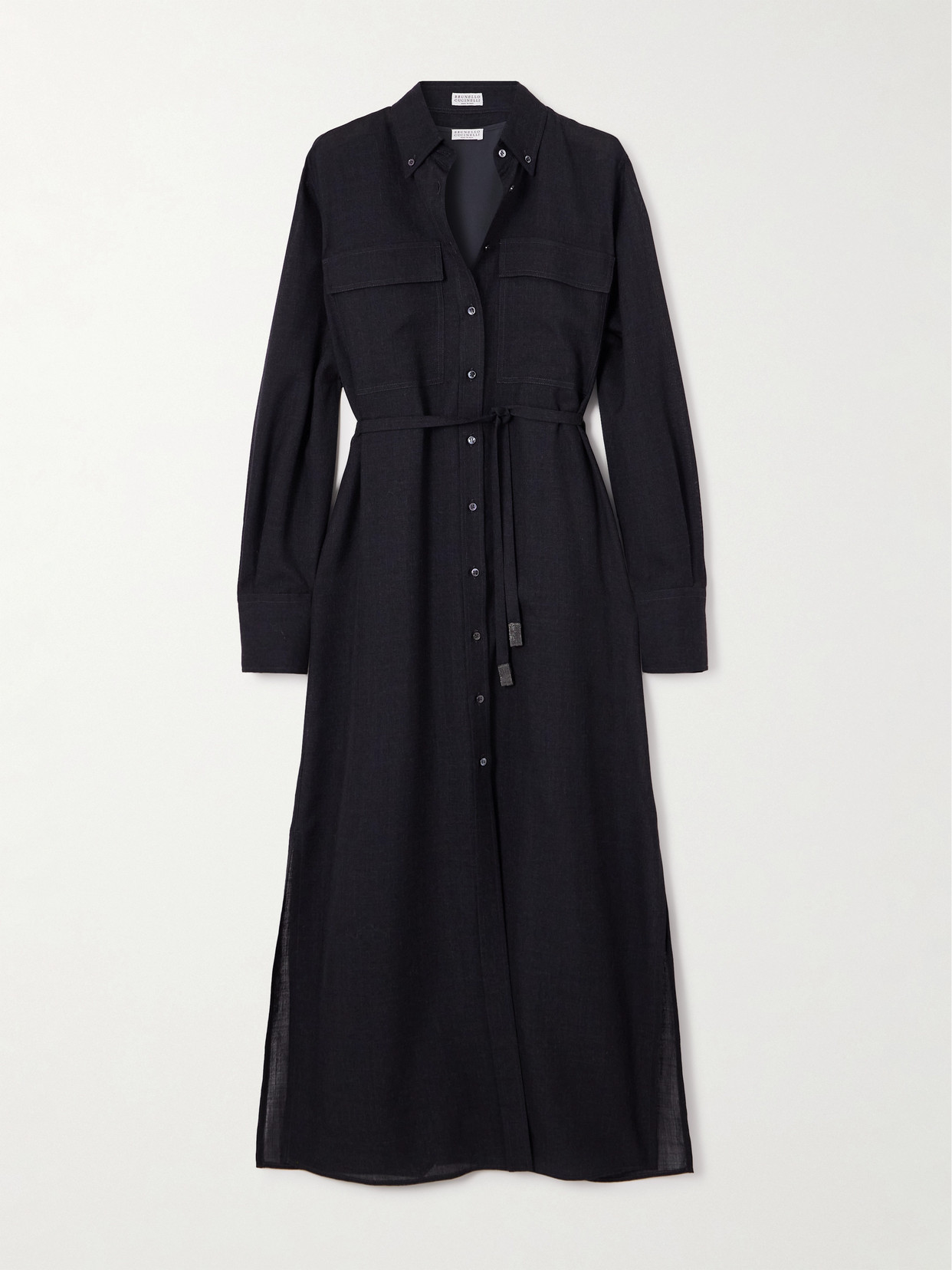 Brunello Cucinelli Belted Bead-embellished Wool Midi Shirt Dress In Blue