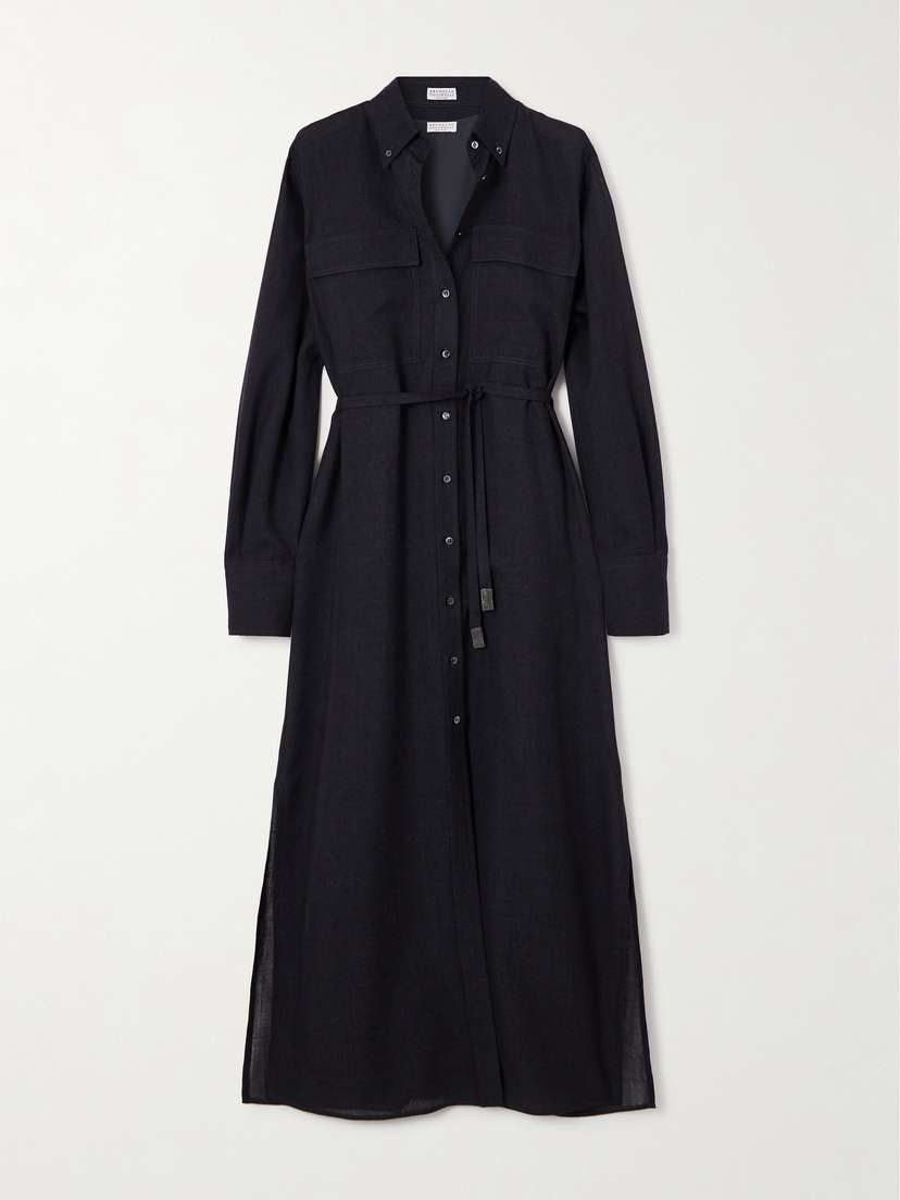 Brunello Cucinelli Belted Bead-embellished Wool Midi Shirt Dress