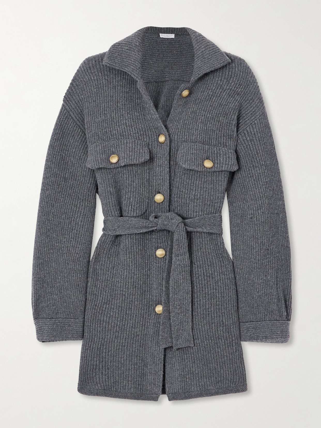 Brunello Cucinelli Belted Ribbed-knit Cardigan In Gray