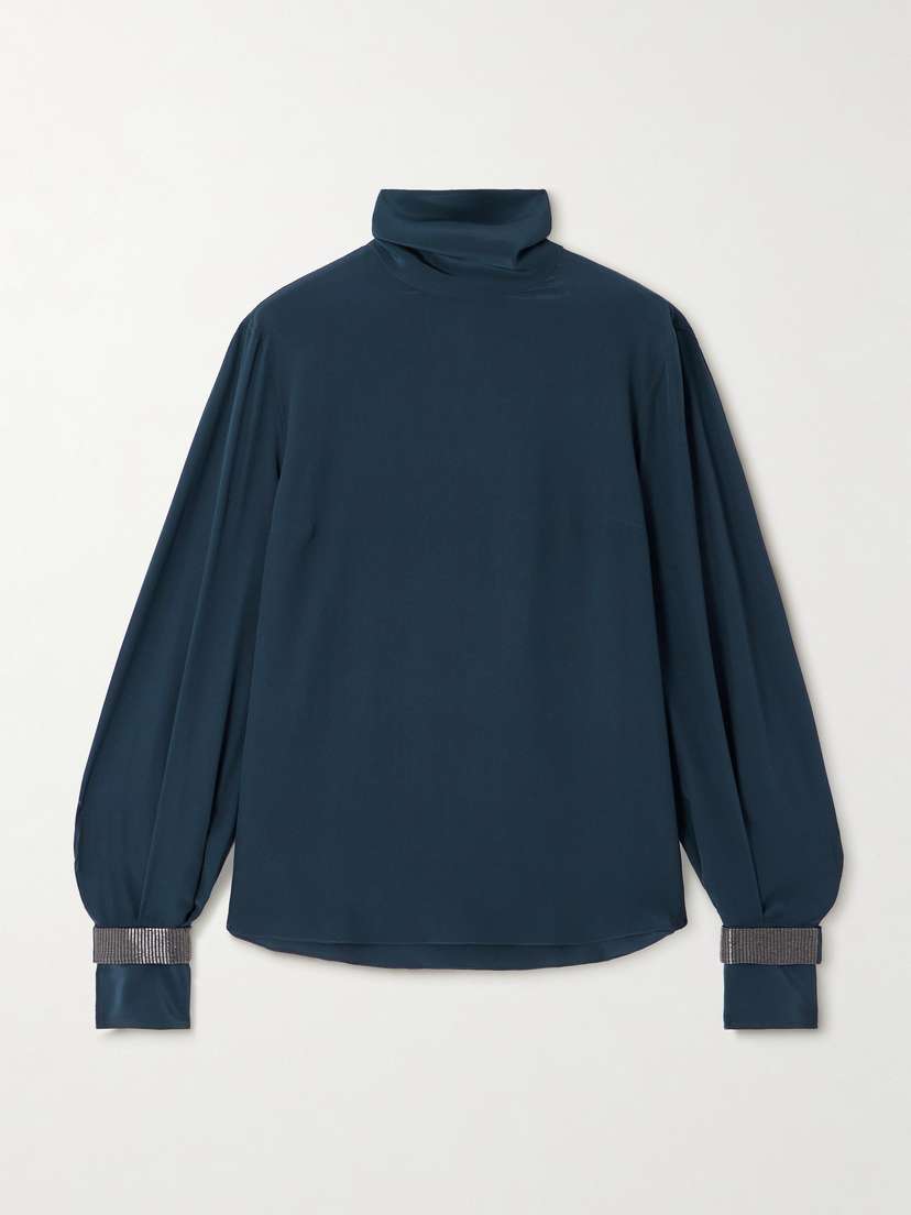 Brunello Cucinelli — Bead-embellished silk crepe de chine turtleneck blouse