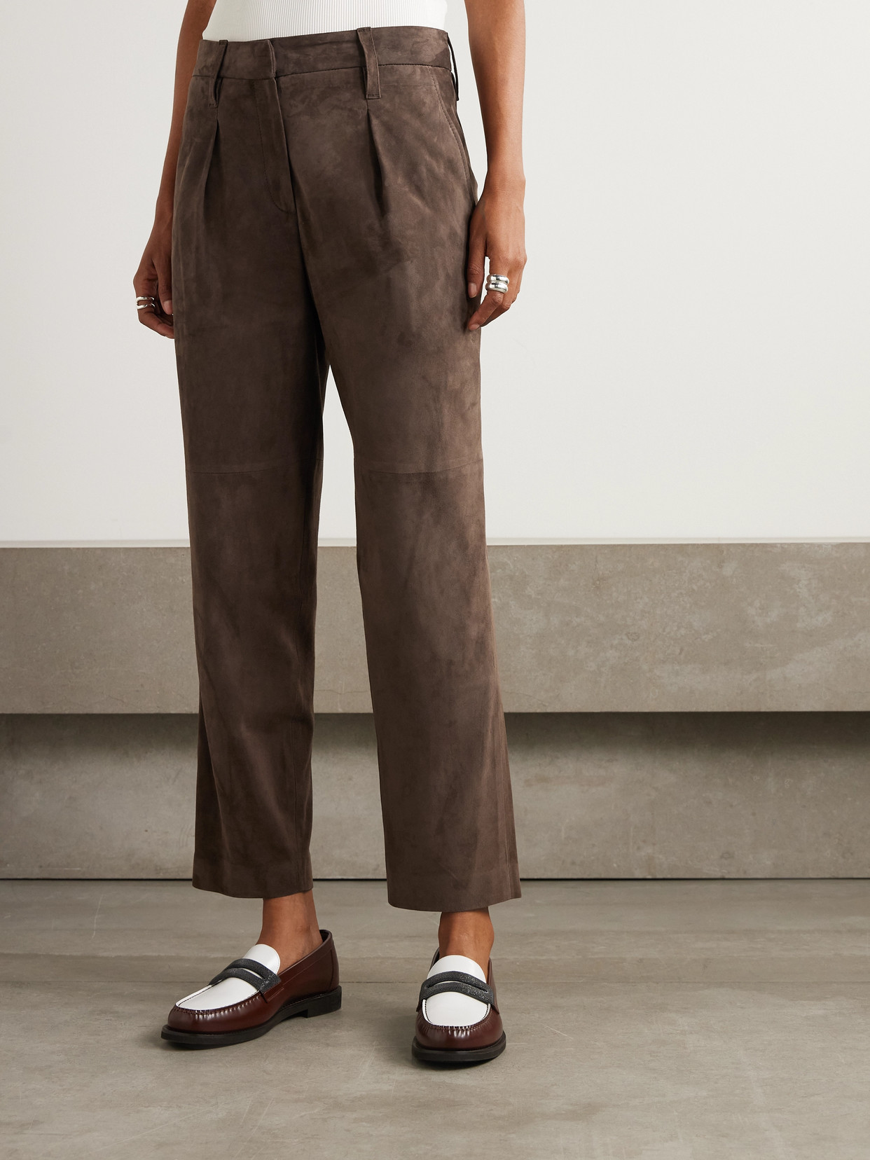 Brunello Cucinelli Pleated Suede Tapered Pants