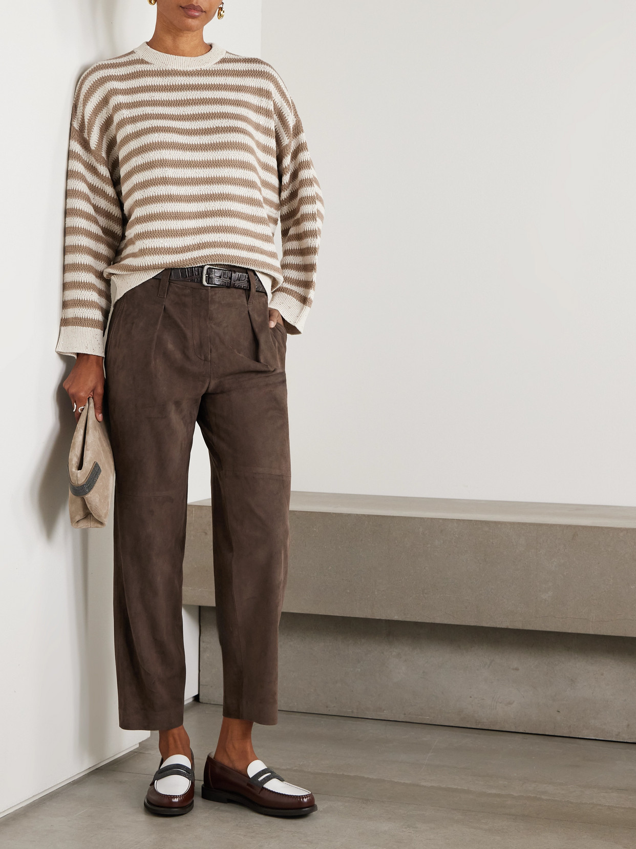 Brunello Cucinelli Pleated Suede Tapered Pants