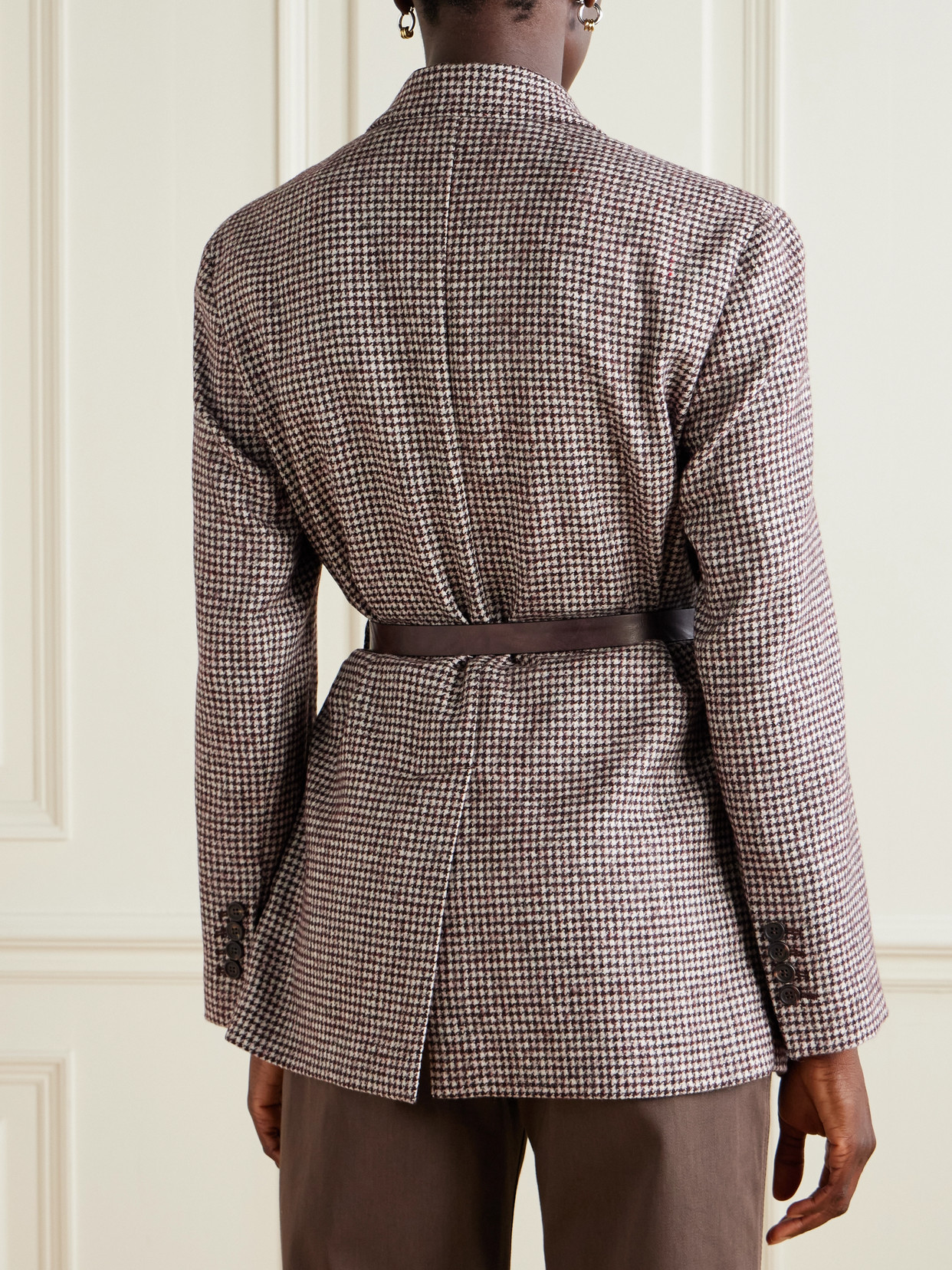 Brunello Cucinelli Belted Bead-embellished Houndstooth Wool-blend Jacket In Gray
