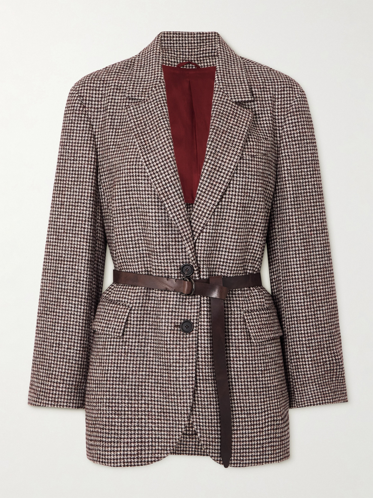 Brunello Cucinelli Belted Bead-embellished Houndstooth Wool-blend Jacket In Brown