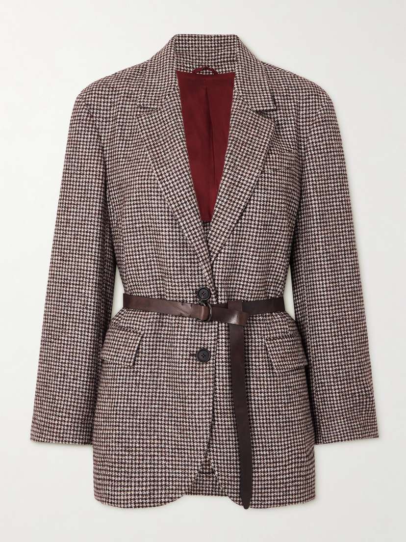 Brunello Cucinelli Belted Bead-embellished Houndstooth Wool-blend Jacket