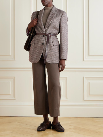 Brunello Cucinelli Belted bead-embellished houndstooth wool-blend jacket