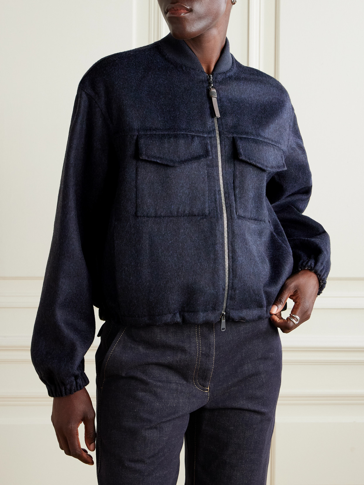 Brunello Cucinelli Bead-embellished Leather-trimmed Wool Bomber Jacket