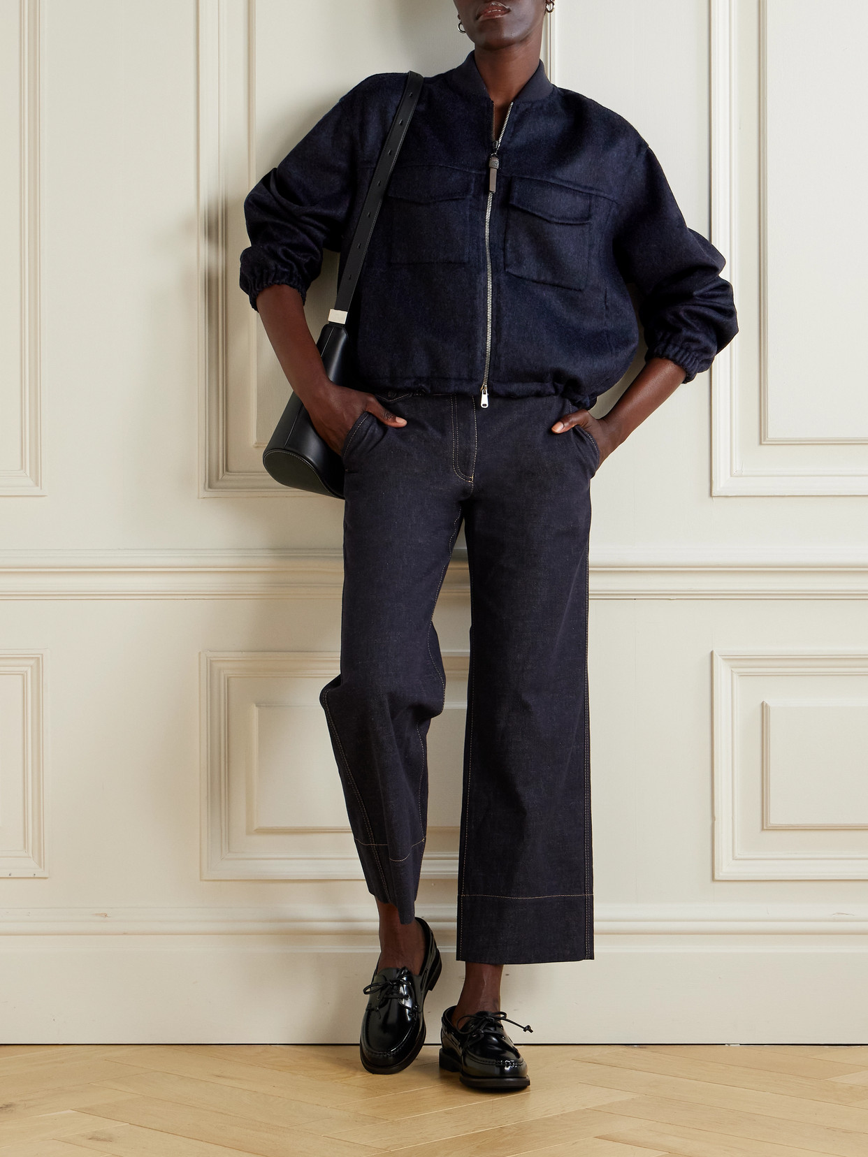 Brunello Cucinelli Bead-embellished Leather-trimmed Wool Bomber Jacket