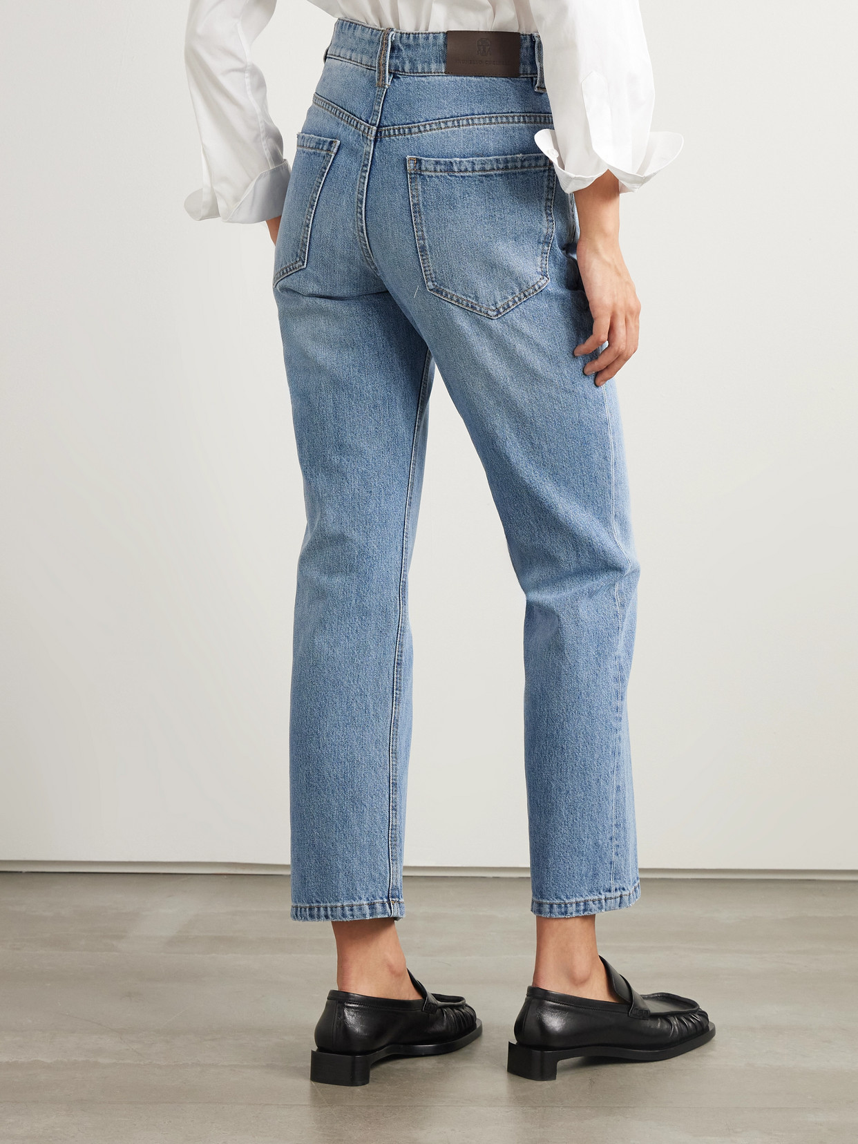Bead-Embellished Cropped Straight-Leg Jeans