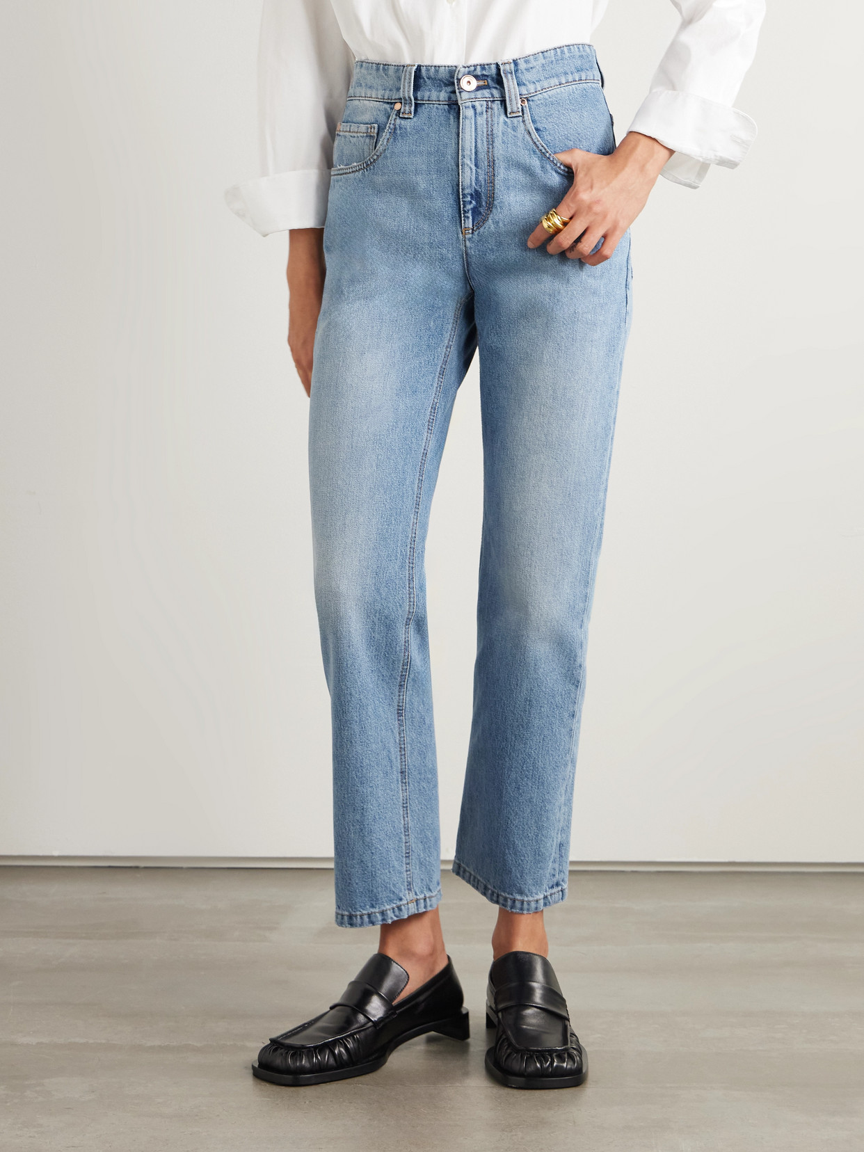 Bead-Embellished Cropped Straight-Leg Jeans