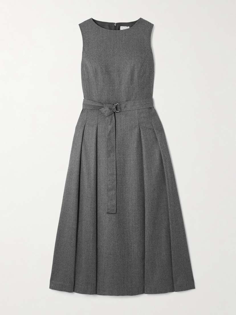 Brunello Cucinelli Belted Pleated Wool Midi Dress
