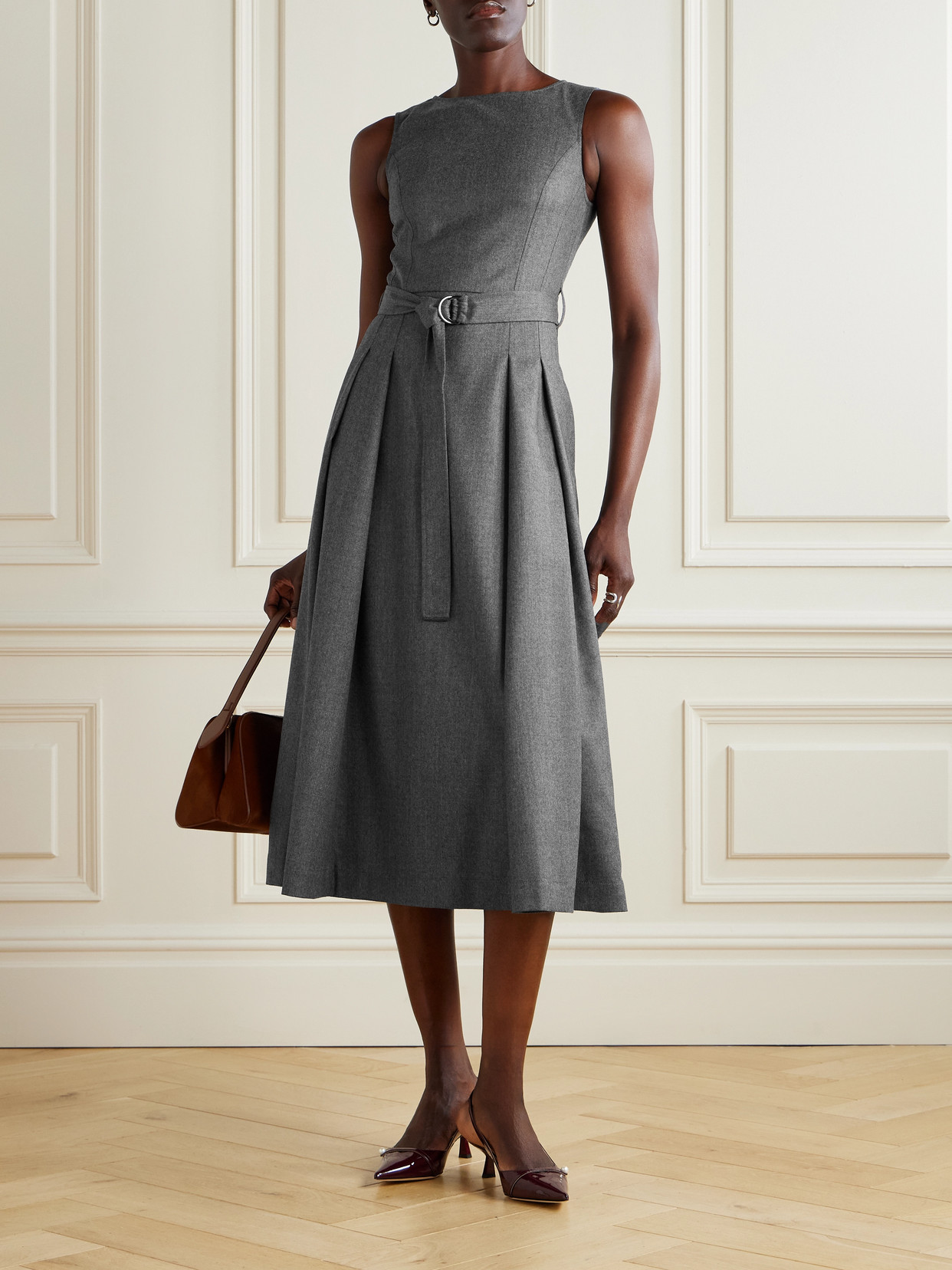Brunello Cucinelli Belted Pleated Wool Midi Dress