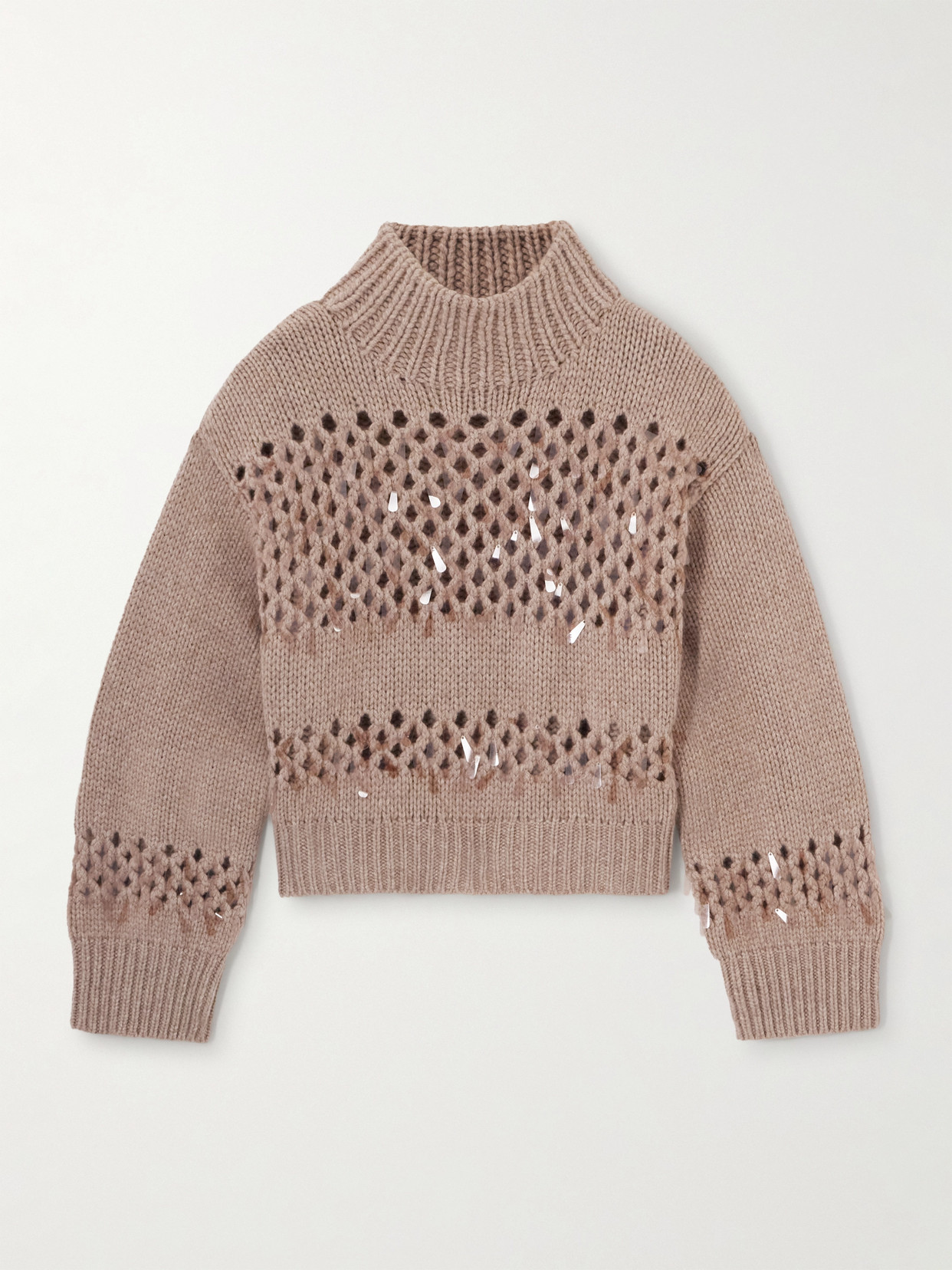 Brunello Cucinelli Paillette-embellished Open-knit Cashmere Sweater In Brown