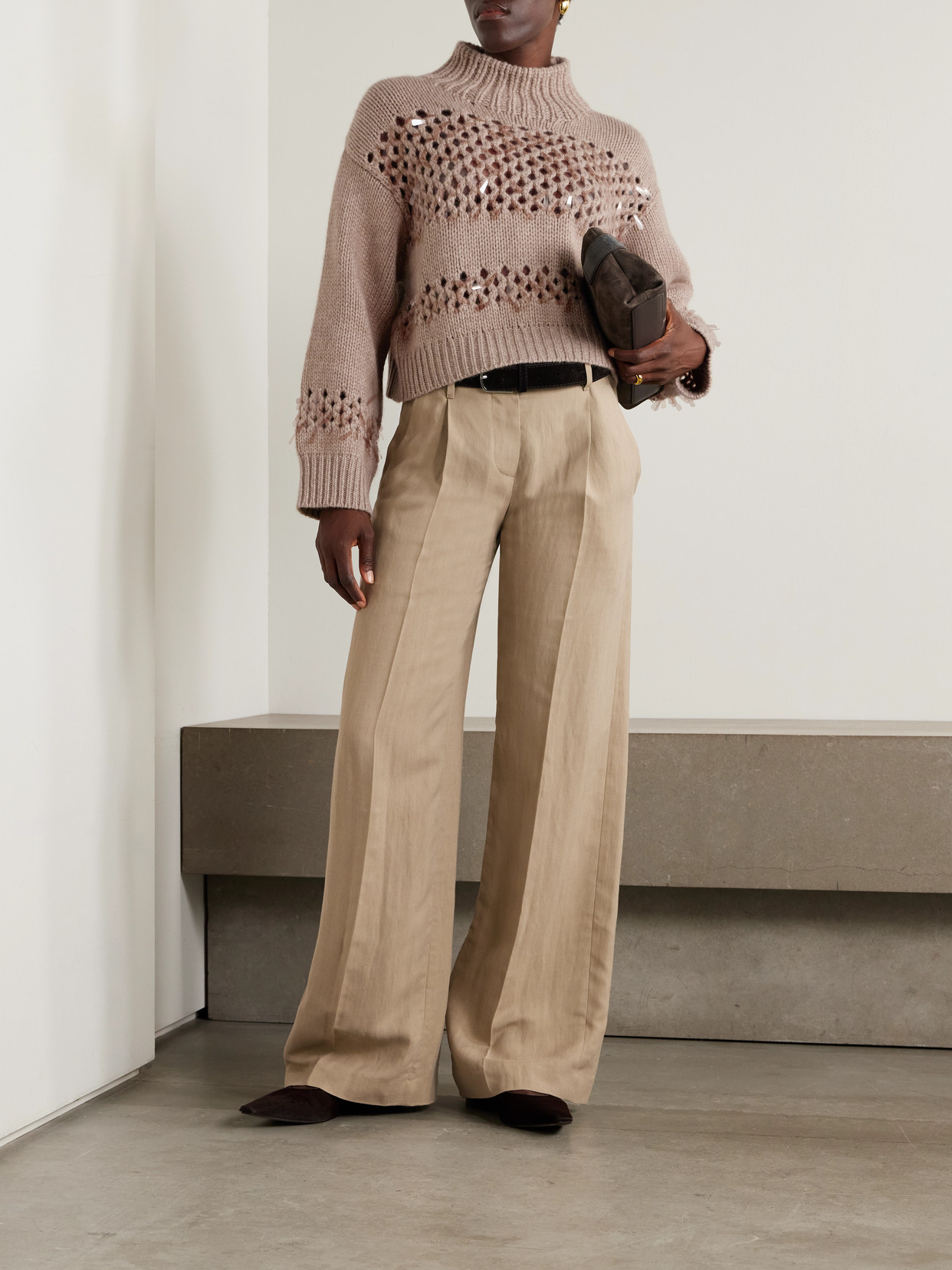 Brunello Cucinelli Paillette-embellished Open-knit Cashmere Sweater In Brown