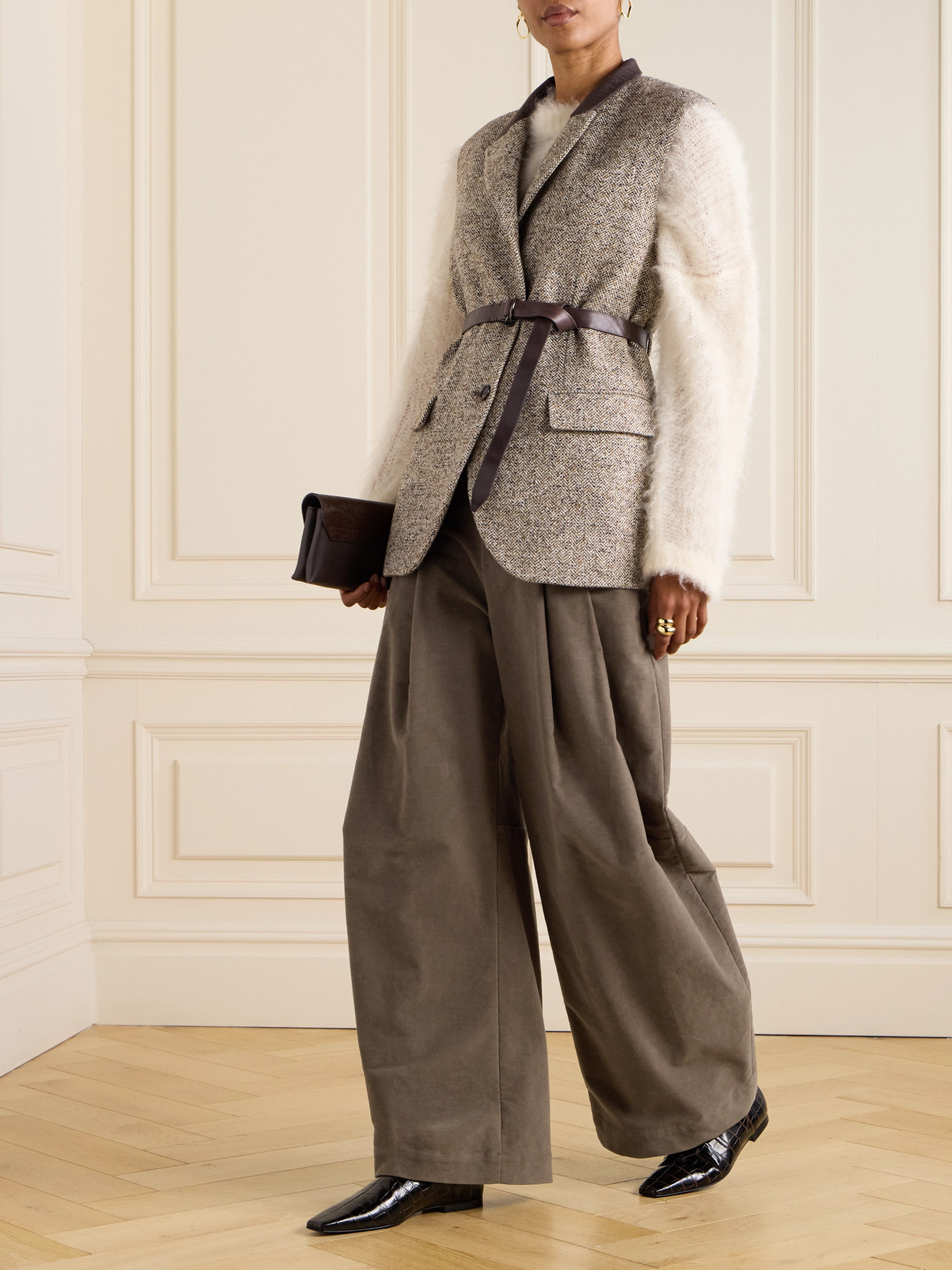 Brunello Cucinelli Pleated Brushed Cotton-blend Wide-leg Pants In Brown